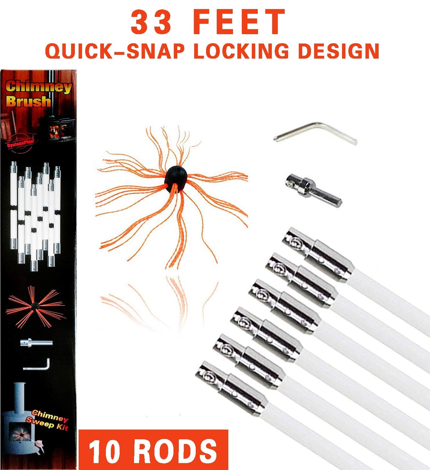 Chimney Brush- Original CyclonePlus 33ft Length Electrical Drill Drive Sweeping Cleaning Tool Kits with Nylon Flexible 10 Rods