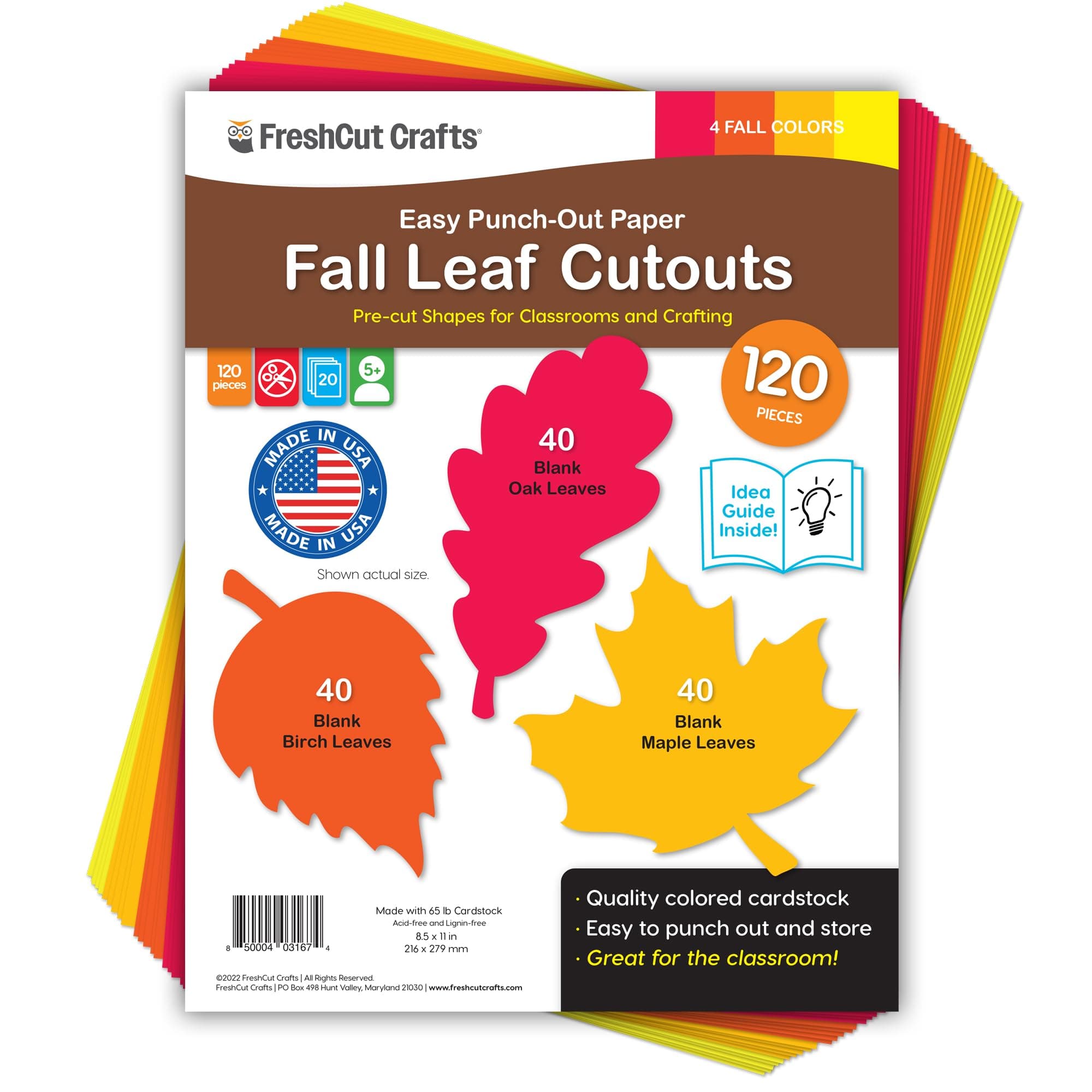 120 Pieces Fall Leaf Paper Cutouts with IDEA Guide, 2-Sided US Made Card Stock Punch Out Maple, Oak, and Birch Leaves for Bulletin Boards, Classroom Decor, Autumn Crafts, DIY Scrapbook, and Posters