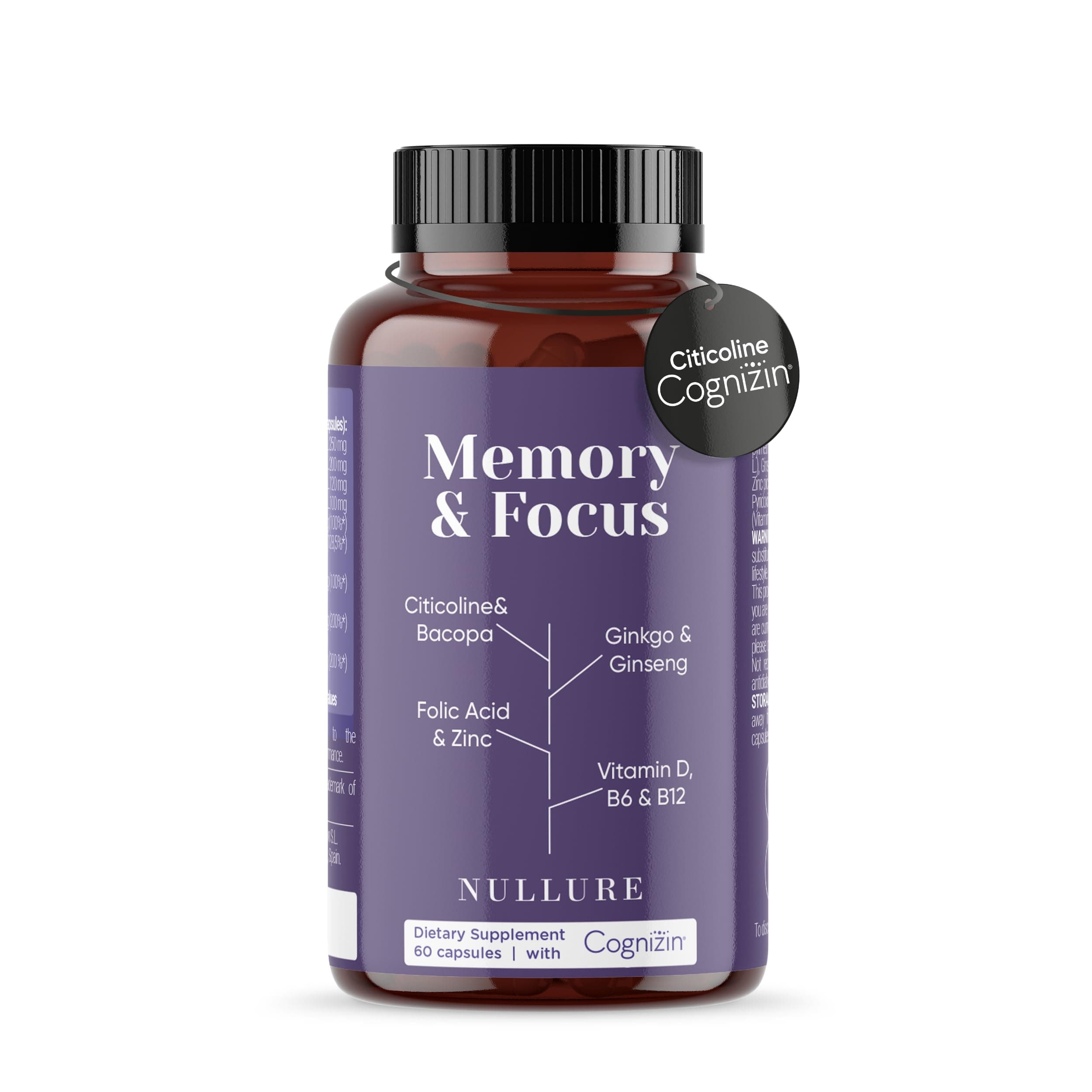 Memory & Focus | Nootropic Brain Supplement | Concentration · Energy · Focus | Citicolin COGNIZIN + Ginkgo Biloba 6000mg + Bacopa Monnieri + Ginseng | Caffeine Free | 60 Capsules