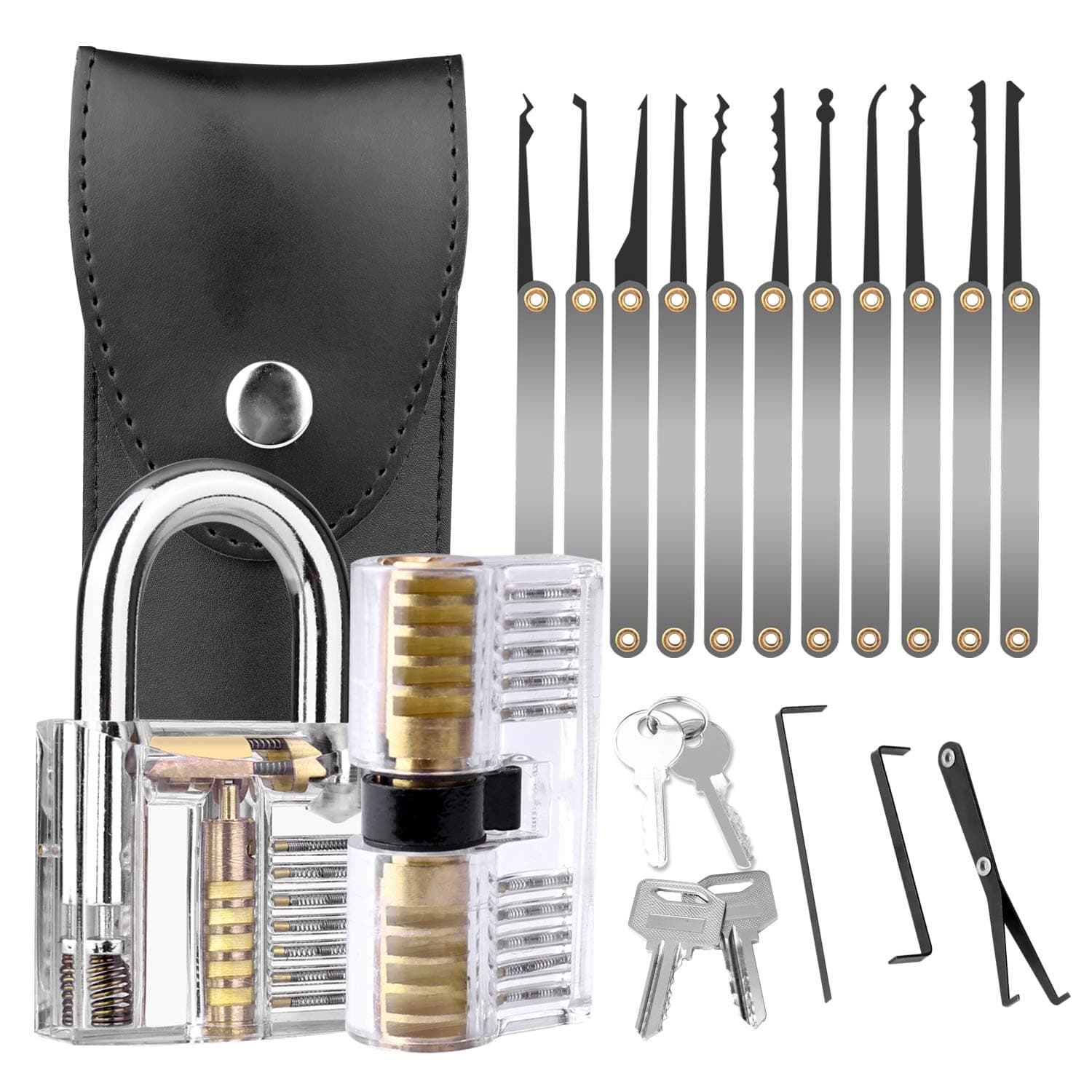 17-Piece Lock Pick Set, Aulola Padlock Picking Tools Kit with 2 Transparent Training Locks for Beginner and Pro Locksmiths