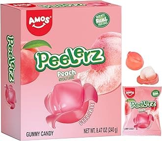 AMOS Peelerz Gummy Peach Candy, Peelable Fruit-Shaped Candy, 8.47oz Box with 10 Individual Packs, Fun Peeling Gummy Snack Made with Real Juice, Perfect for Easter Baskets & Festive Treats