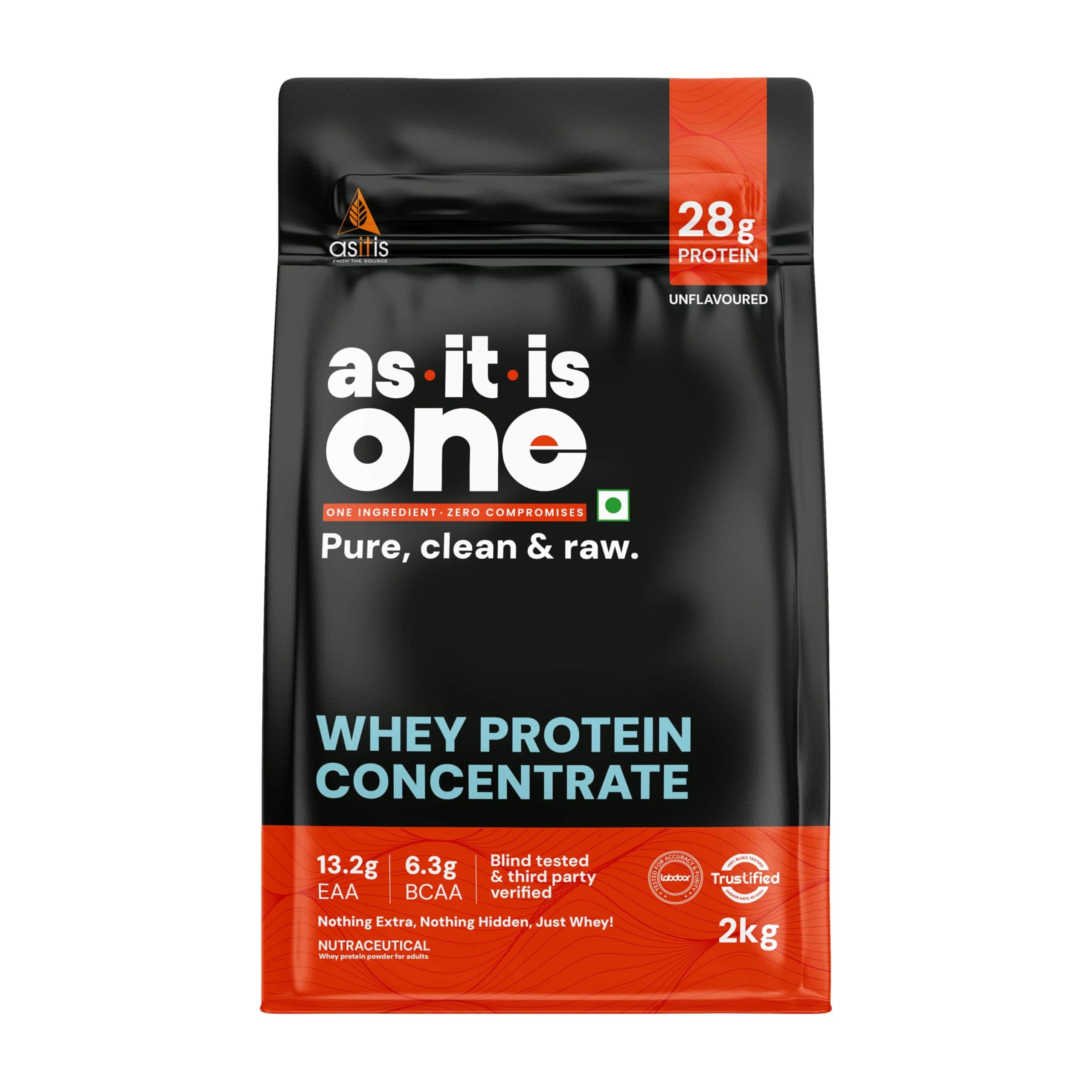- AS-IT-IS ONE Whey Protein Concentrate I Pure, Clean & Raw I 28g Protein per Serve, Unflavoured 2kg |Labdoor & Trustified Certified I No Amino Spike OR Heavy Metals I Protein for All Ages Adults