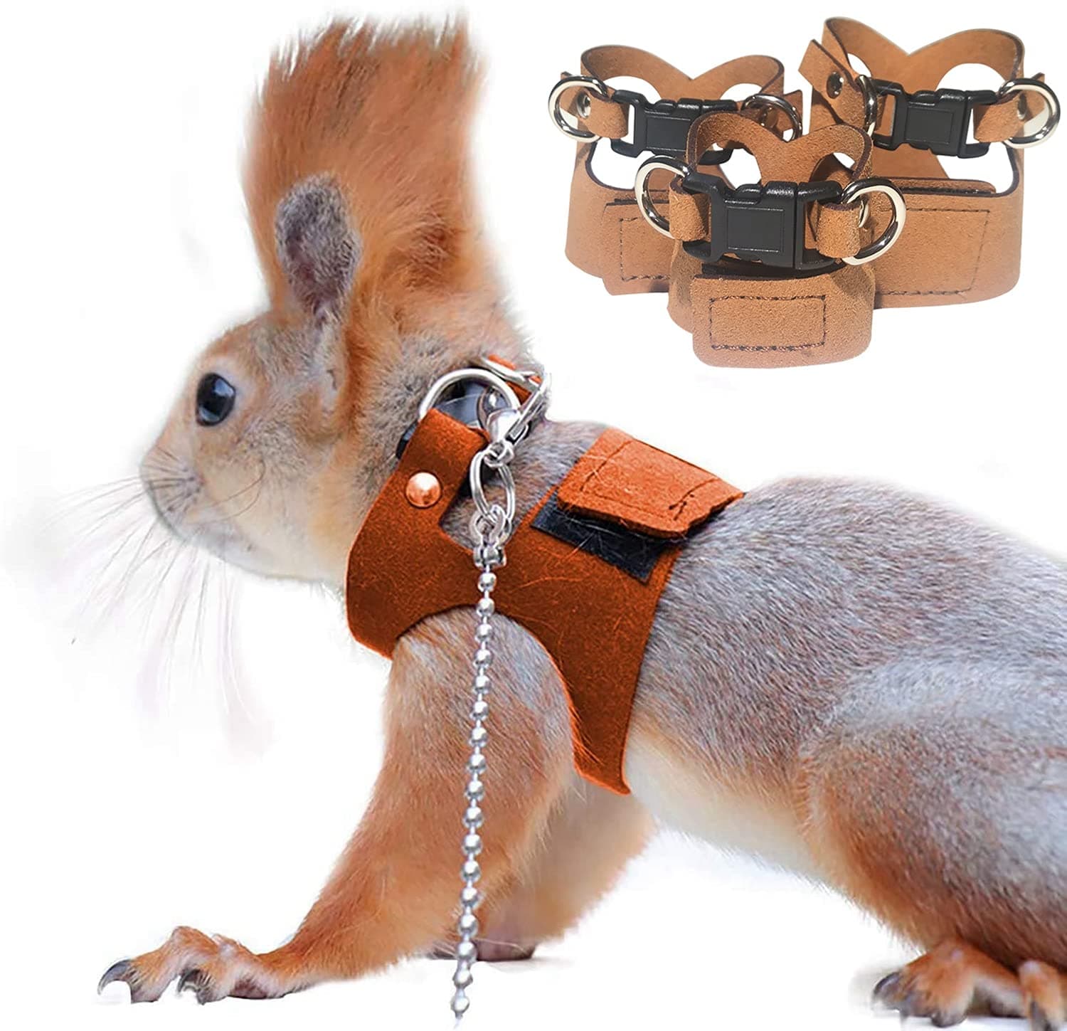 HAICHEN TEC 3 Pack Squirrel Harness and Leash Set - Adjustable Traction Rope Strap Anti-Biting Chain,Small Animal Training Walking Vest Leash for Squirrel Gerbil Chinchilla Rat (3 Pack (S/M/L),Brown)