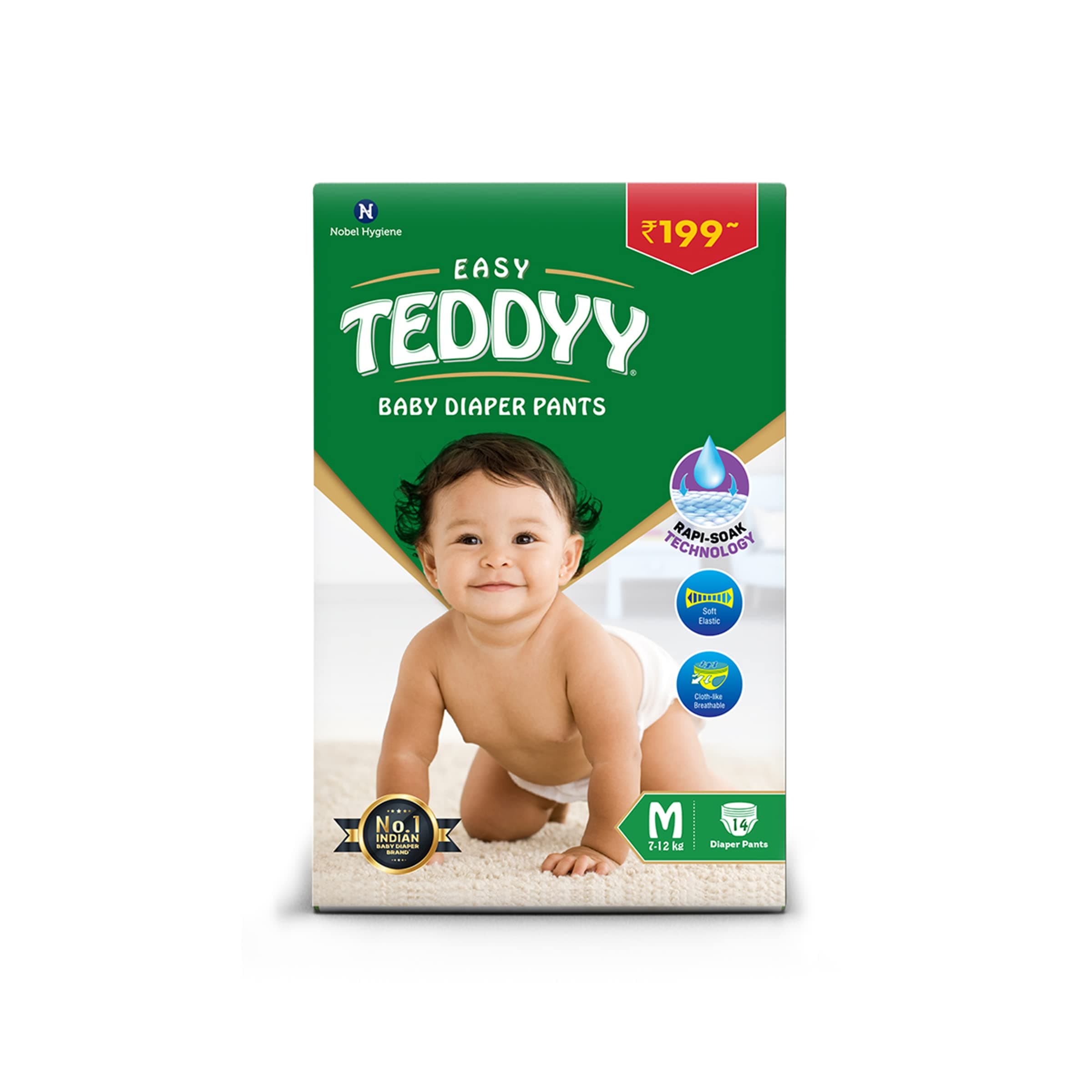 TEDDYY Easy Baby M Size Diaper Pant Style |14 Count (Medium) | 7–12 kg (Pack of 1) | Long Protection Hours | Anti-Bacterial | Airy Breathable Fit | Rapid Soaker Channels with Wetness Indicator