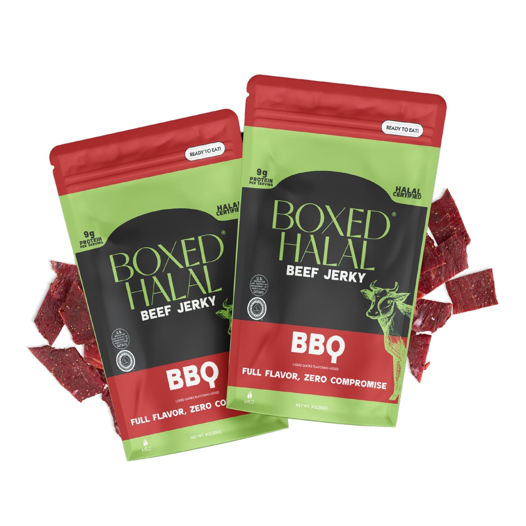 Boxed Halal Premium BBQ Beef Jerky Strips - 100% Grass Fed, 13g Protein, Certif 1.5oz (Pack of 2)