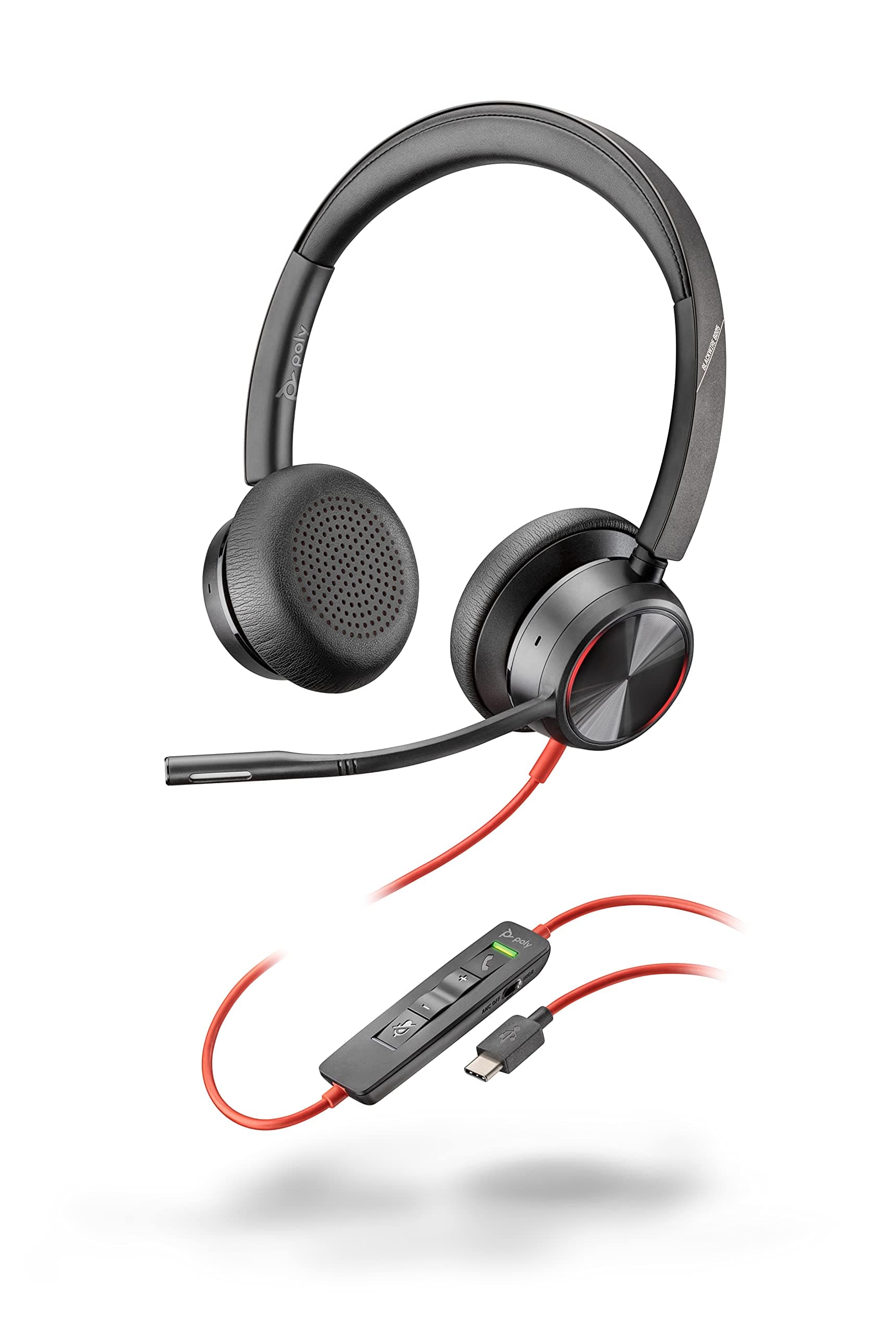 Poly Stereo Headset 'Blackwire 8225' with USB-C Connection, Active Noise Cancelling and Flexible Microphone Arm, Black, Wired