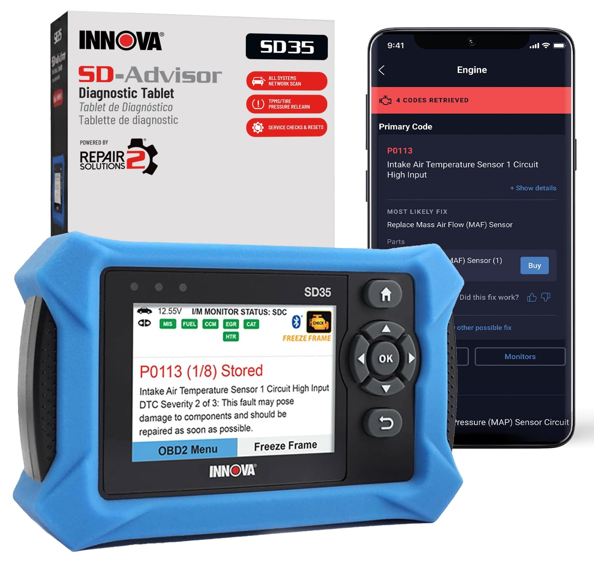 SD35 OBD2 Scanner - ABS, SRS, TPMS and Engine Code Reader, Live Data, All System Diagnostics, Compatible with Most Vehicles