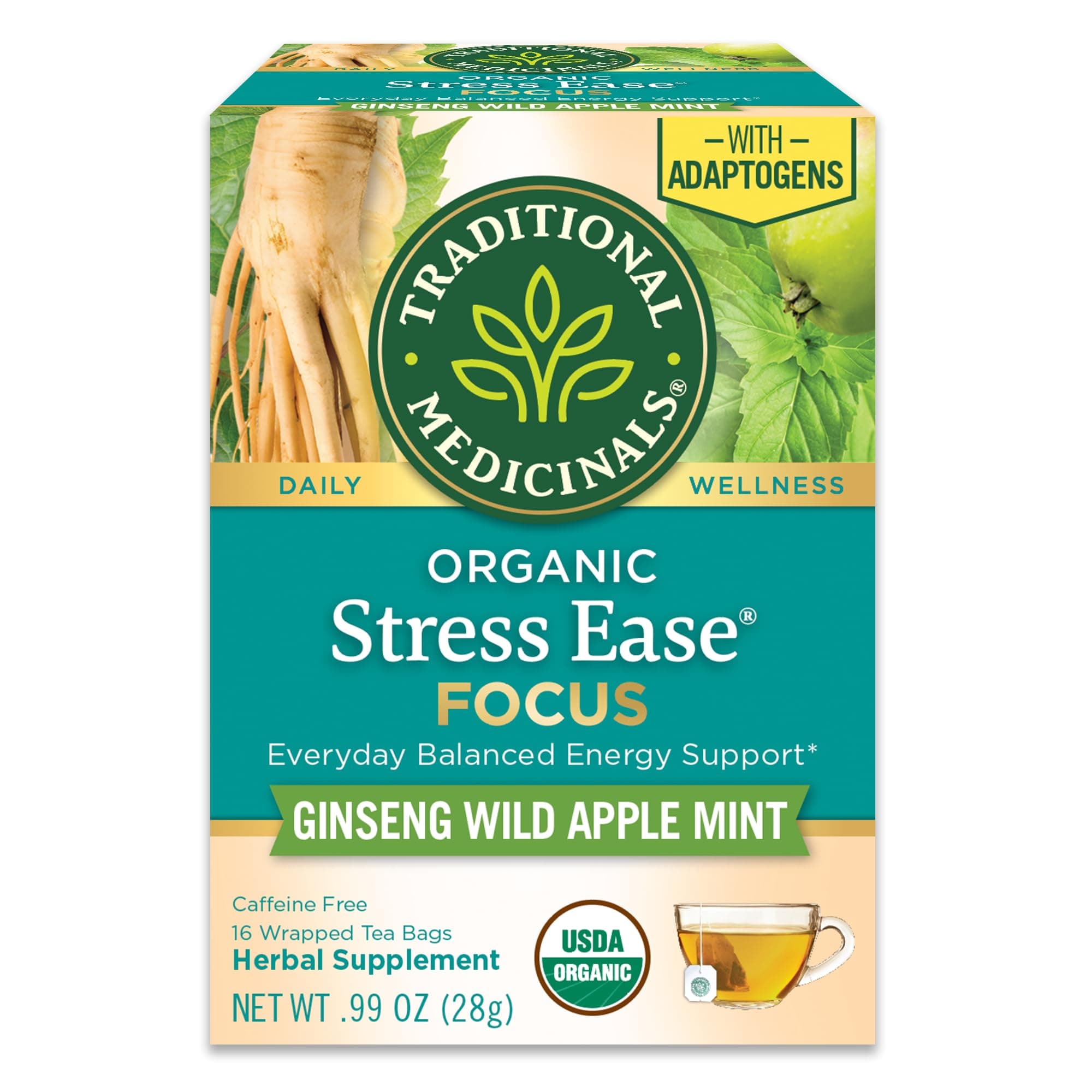Traditional Medicinals Organic, Stress Ease Focus, Ginseng Wild Apple Mint Tea - Balanced Energy Support & Adaptogens - Kosher, Non-GMO, Caffeine-Free, Compostable - 16 Tea Bags