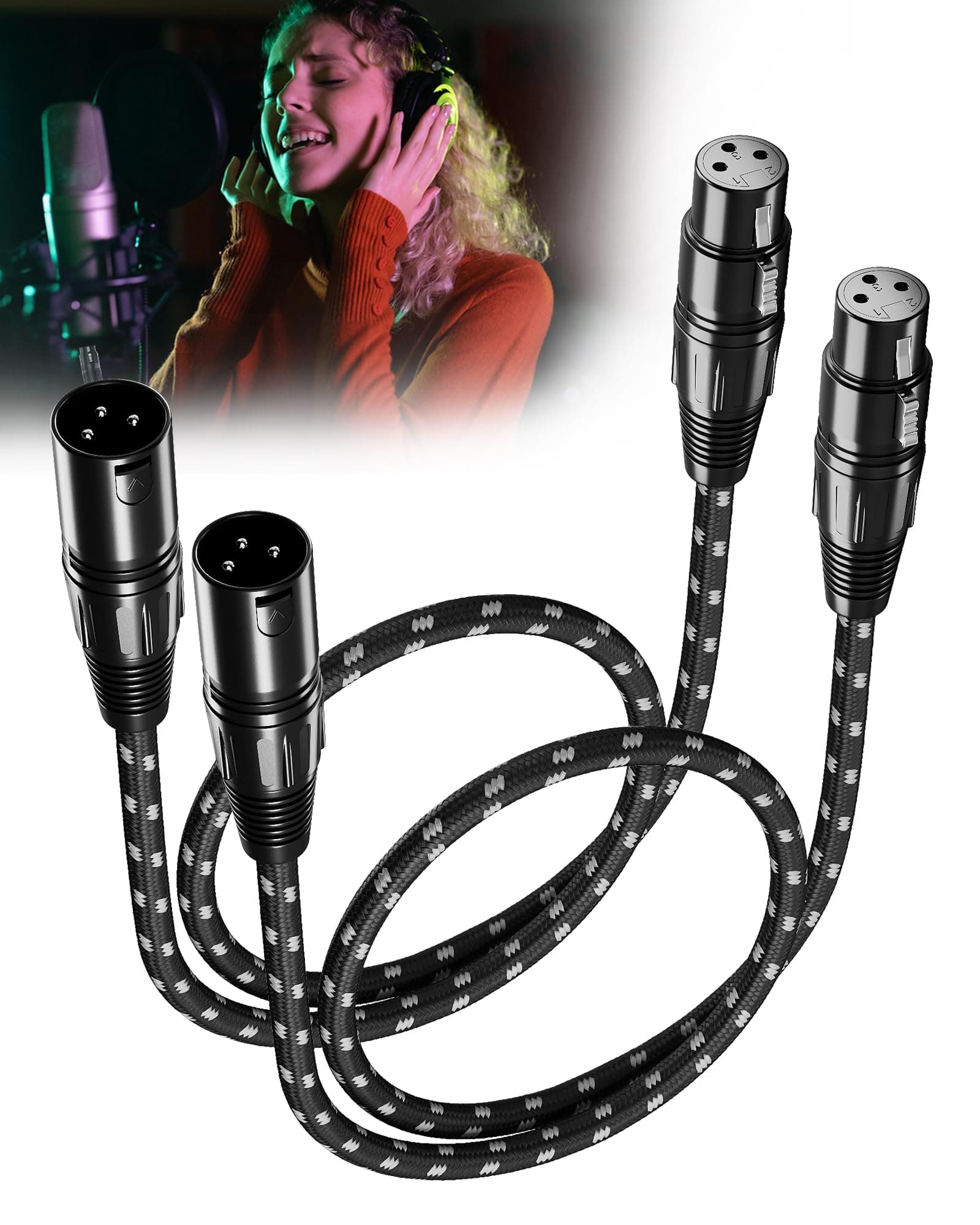 Short XLR Cables 2ft 2 Pack, XLR Microphone Cable Balanced Shielded Nylon Braided Cord with 3-Pin X LR Male to Female for Microphones Recording, Mixer, Amplifier，Speaker Systems