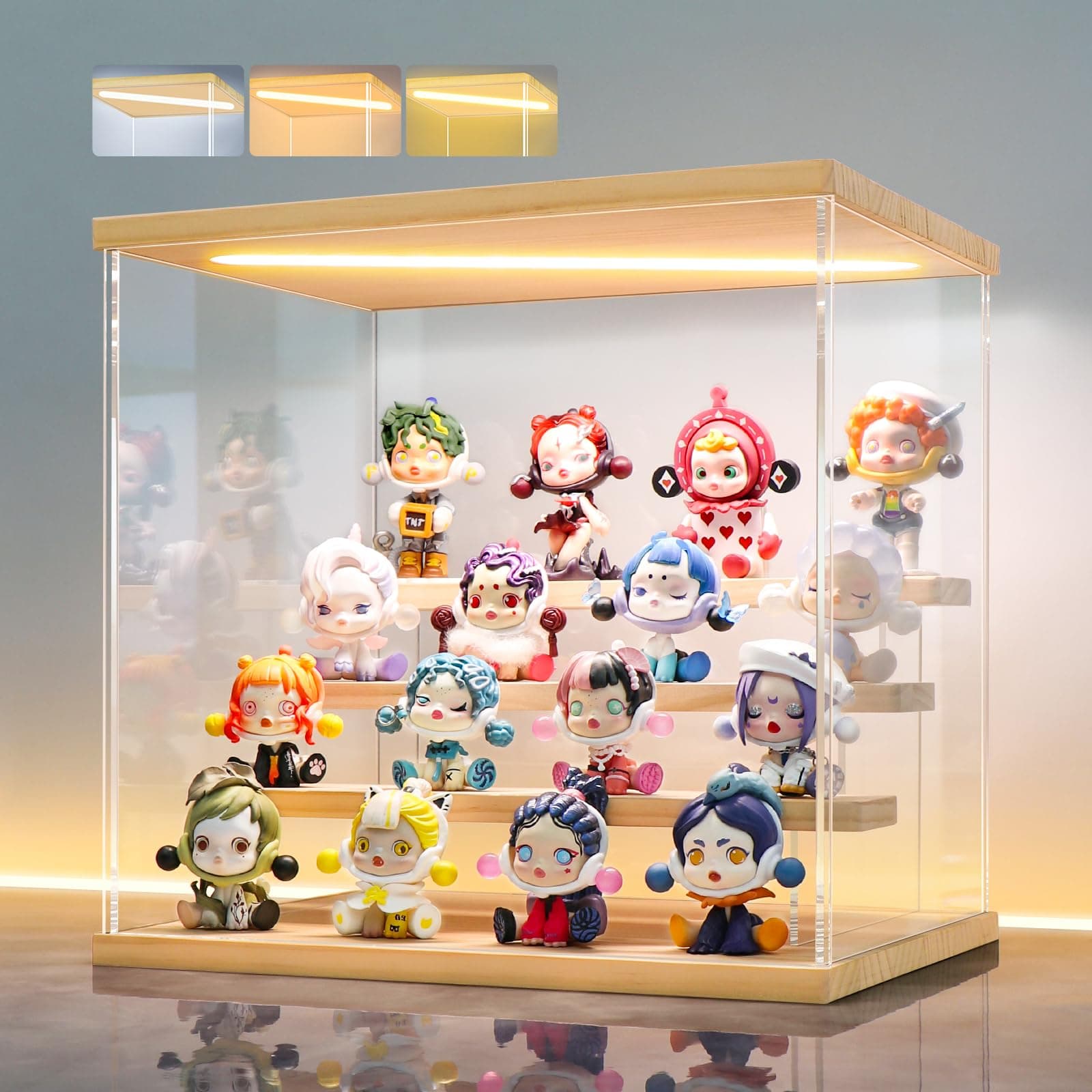 Clear Acrylic Display Case with Light, Assemble 4 Tier Display Box Stand with Wooden Base, Dustproof Protection Showcase for Collectibles Memorabilia Figurines (11.8x8.9x11inch;30x22.5x28cm)