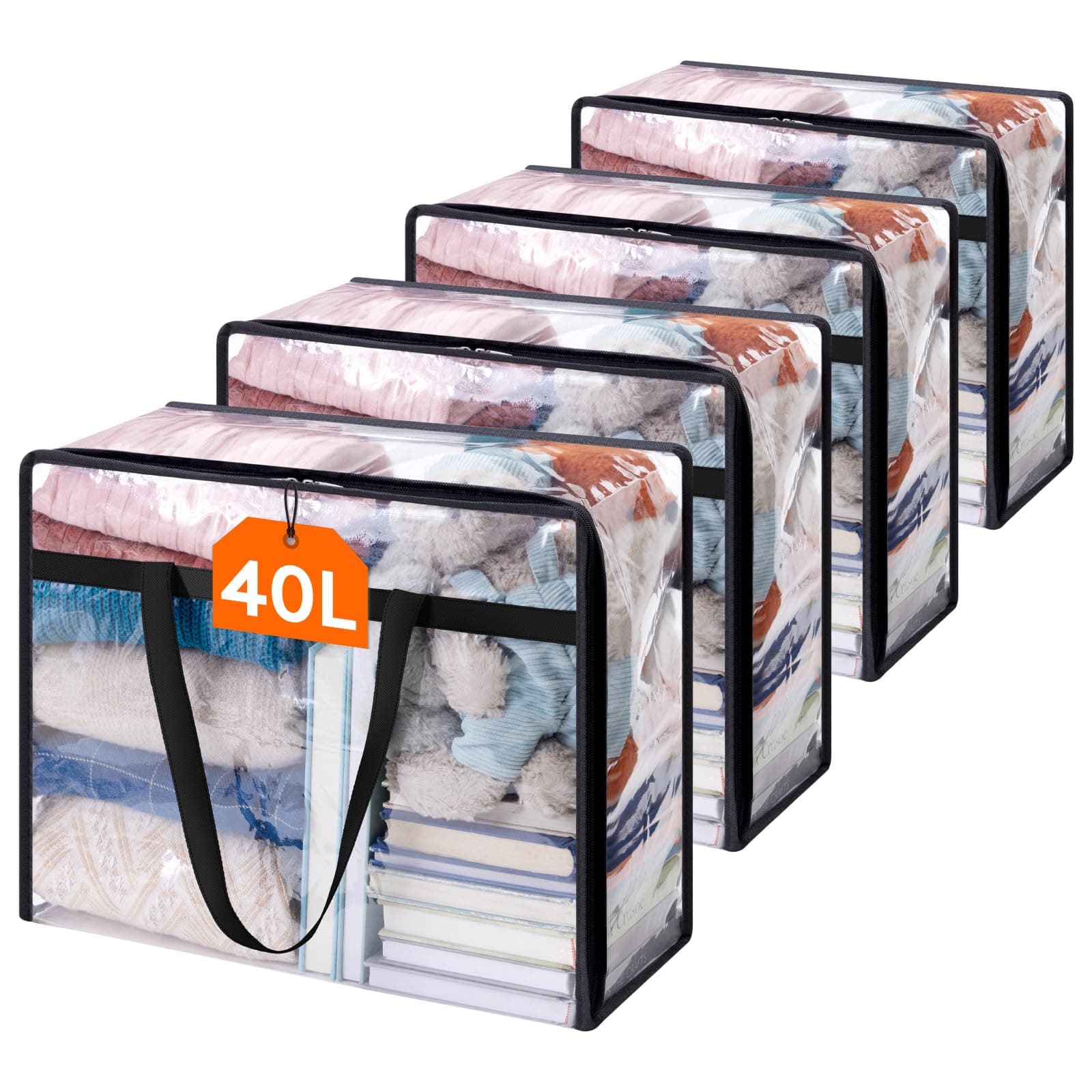 Lifewit 4 Pack Clear Plastic Storage Bags, 40L Foldable Clothes Storage Boxes Wardrobe Organizer Moving Bags with Reinforced Handle for Loft Wardrobe for Bedding Clothes Blanket Duvet