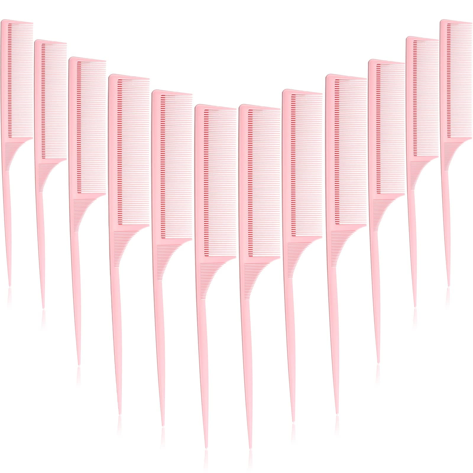 Leinuosen 10 Pcs Rat Tail Combs Set, Parting Comb Braiding Hair Styling Teasing Fine Tooth Comb for Women, Carbon Heat Resistant Anti Static Pintail(Pink)