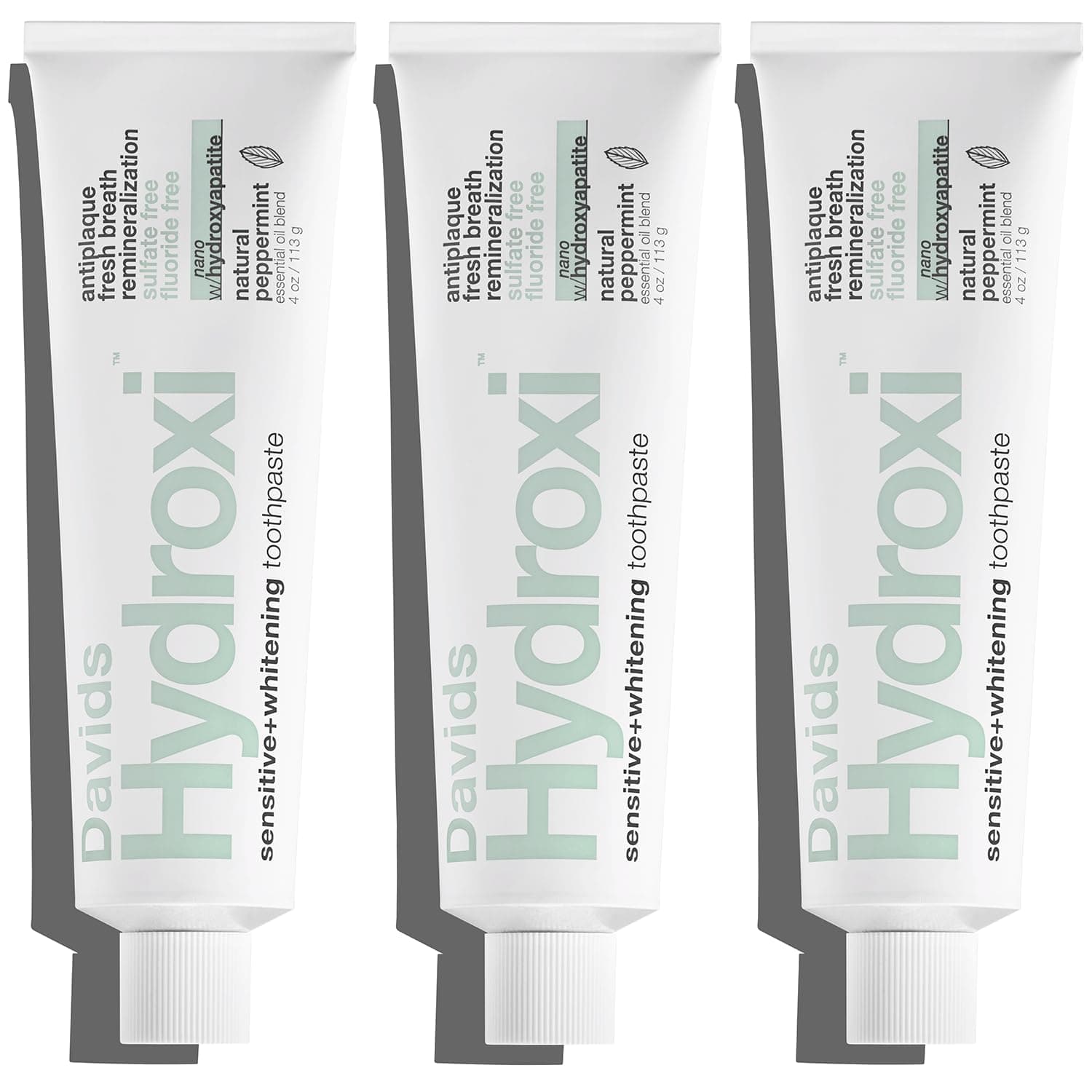 Davids Fluoride Free Nano Hydroxyapatite Toothpaste for Remineralizing Enamel & Sensitive Relief, Whitening, Antiplaque, SLS (Sulfate) Free, Natural Peppermint, 4oz, Made in USA (3 Pack)