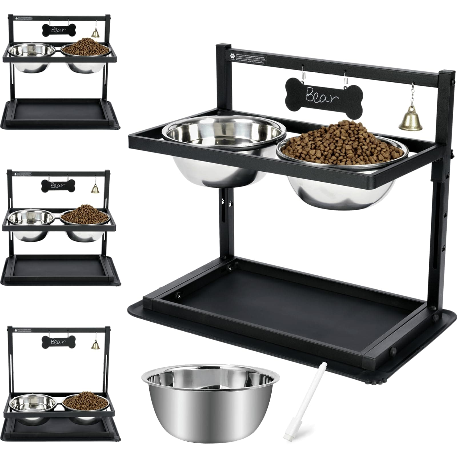 SHAINFUN Elevated/Raised Dog Bowls Stand Adjusable Height with Two 1.7L Stainless Steel Food Bowls and Spill Proof Mat, for Large and Medium Dogs.