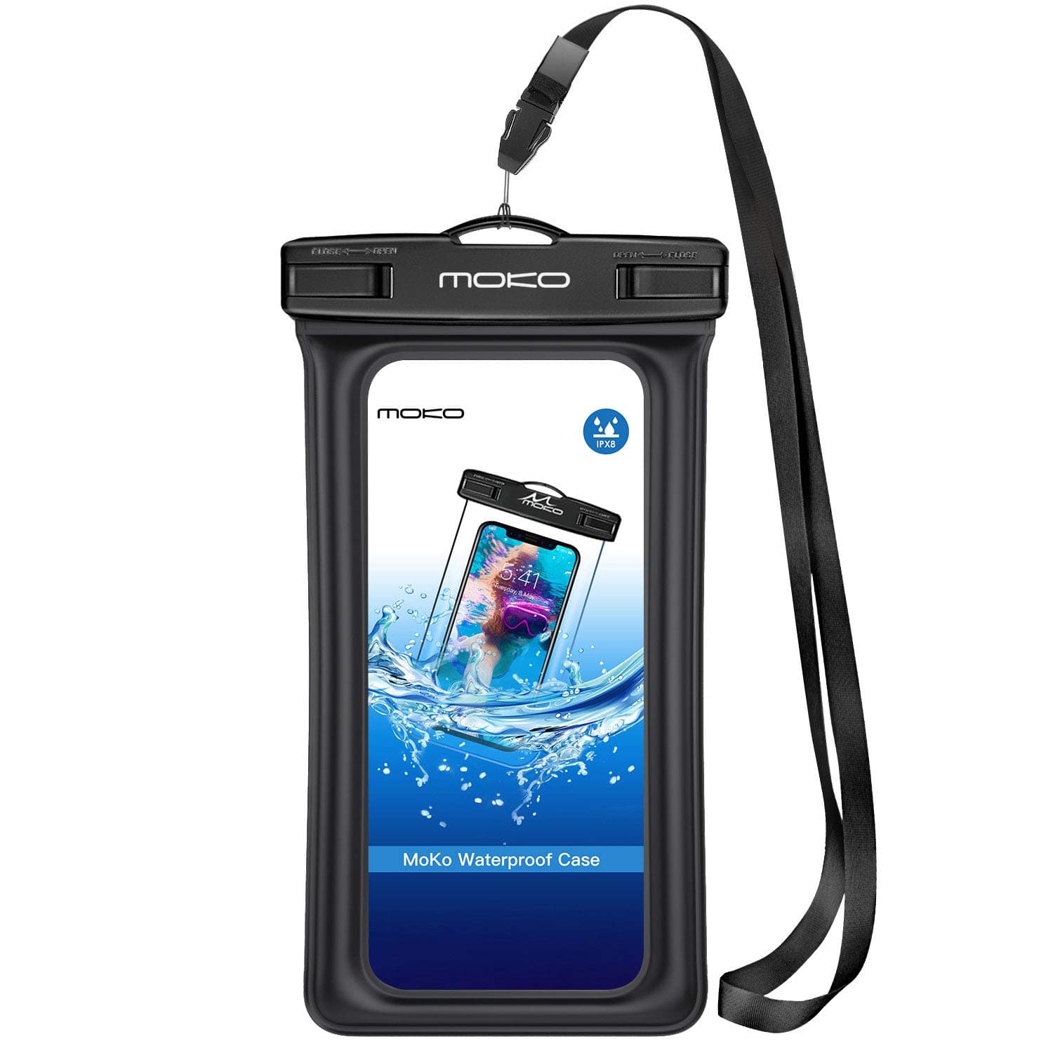 MoKo Floating Waterproof Phone Pouch Holder, Floatable Phone Case Dry Bag with Lanyard Armband Compatible with iPhone 14 13 12 11 Pro Max X/Xr/Xs Max,8/7/SE 3,Samsung S21/S10/S9/S8, Black
