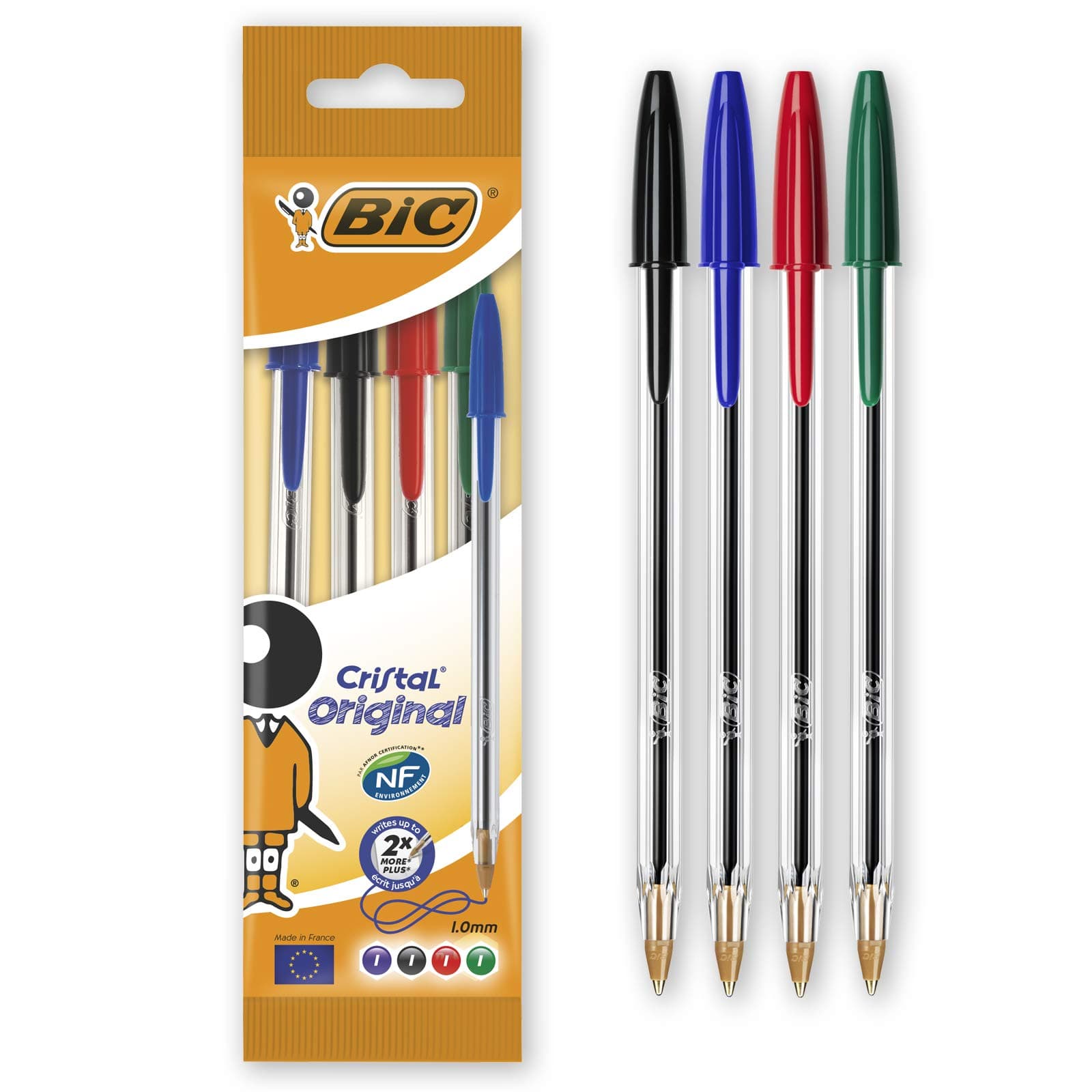 BIC Cristal Original Ballpoint Pens with Medium Point (1.0 mm), Assorted Colours, Pack of 4