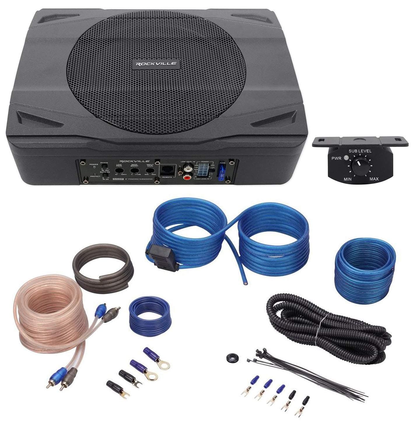 SS8P Bundle: 400-Watt 8 in Slim Under-Seat Active Powered Car/Truck Subwoofer, RWK10 10 Gauge Amp Installation Kit with ANL Fuse Holder and 100% Copper RCA Cable, 2-Items