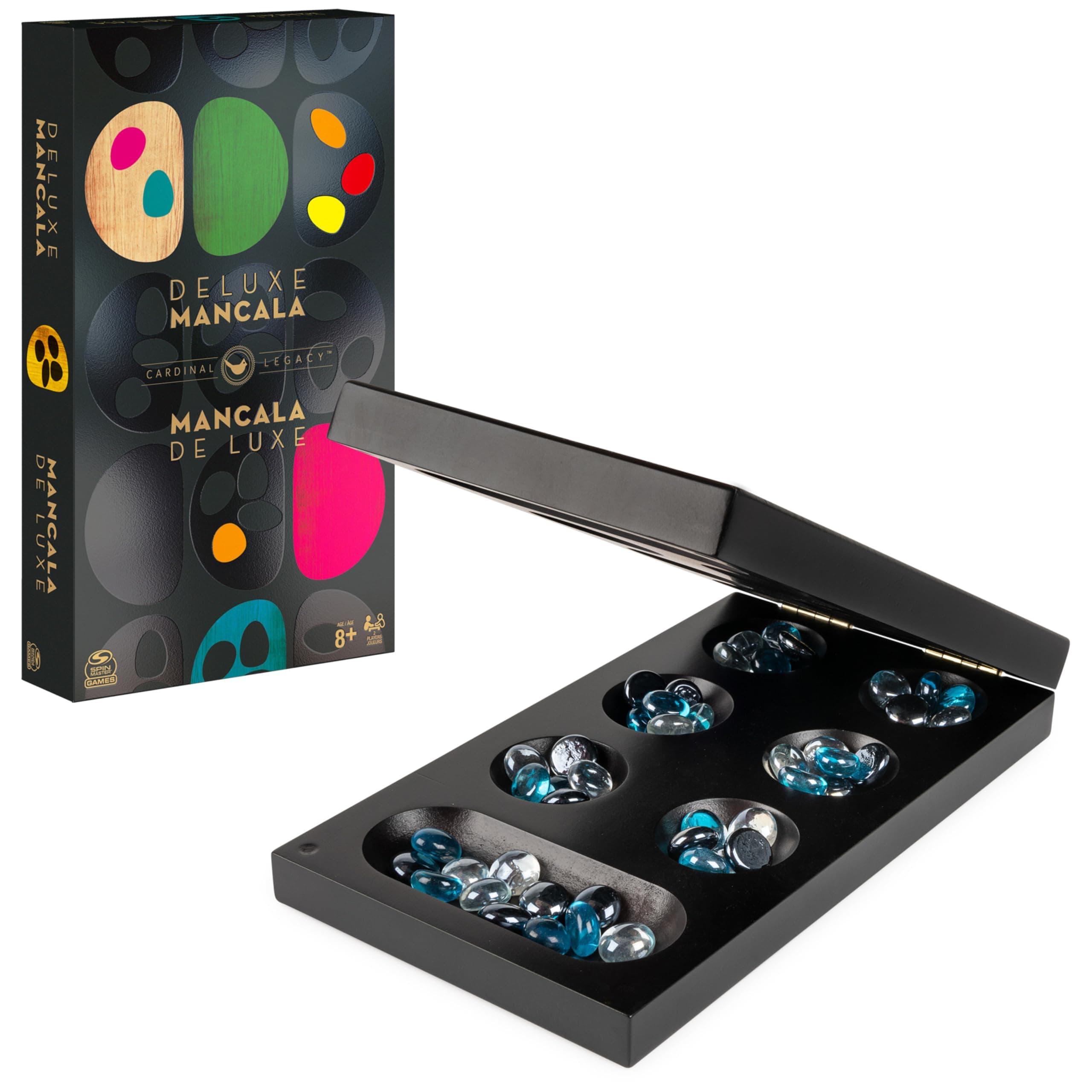 Legacy Deluxe Mancala, Classic Game with Folding Wooden Board & Colorful Glass Stones, Family Game, for Ages 8 & Up