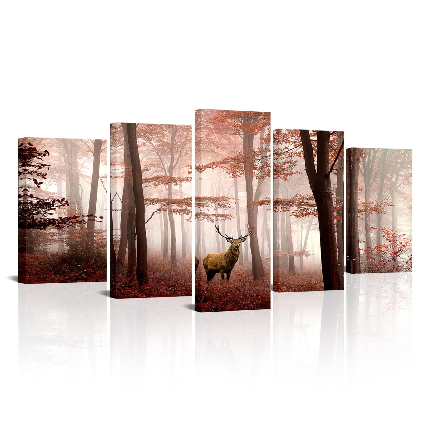 Visual Art Decor Deer in Nature Forest Framed Canvas Wall Art Deer Pictures Hunting Decoration Log Cabin Decor, 50x24inch,Tangerine