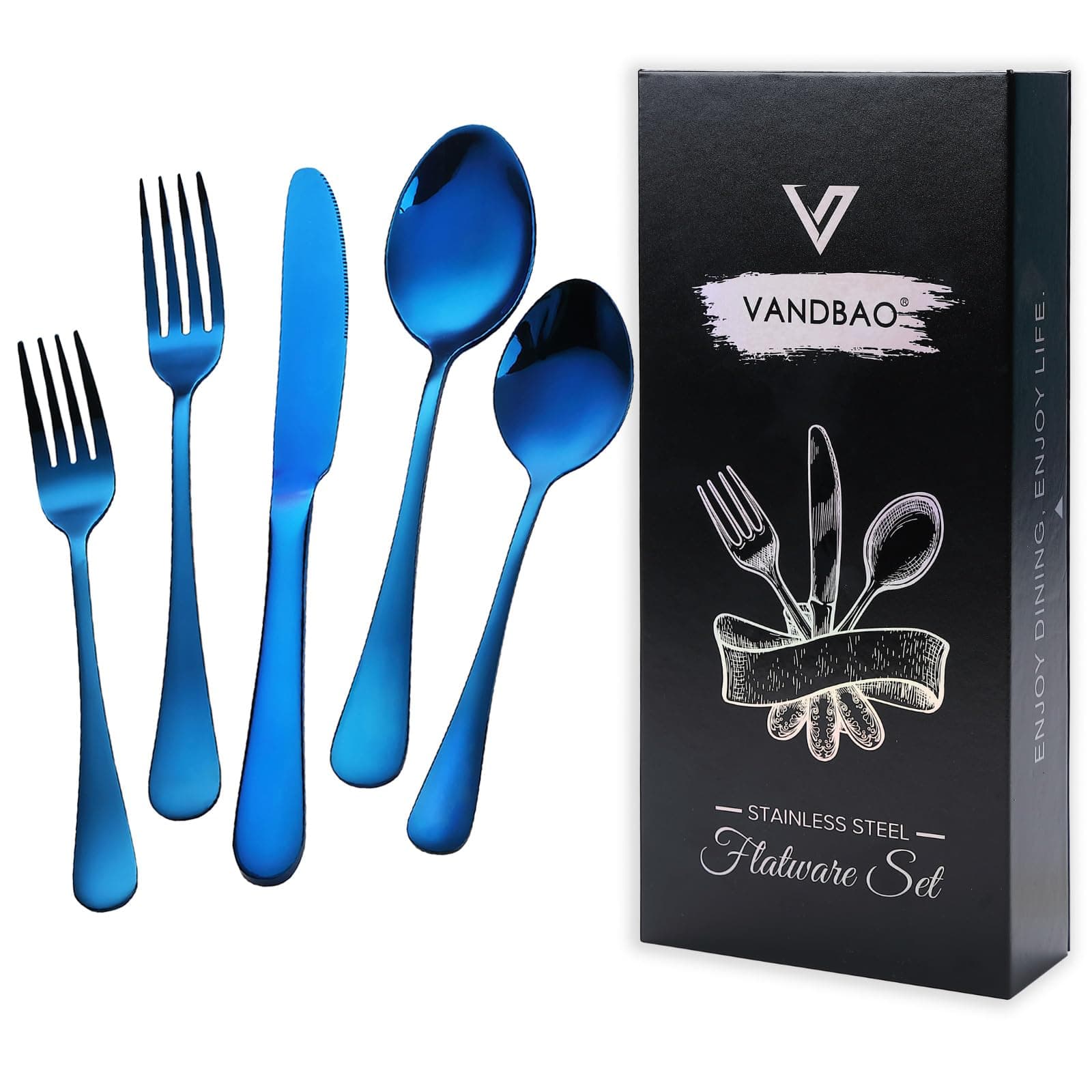 Blue Silverware Set Flatware Cutlery - 20 Pieces Stainless Steel Tableware Set Service for 4,Include Fork Knife Spoon,Mirror Polished,Dishwasher Safe