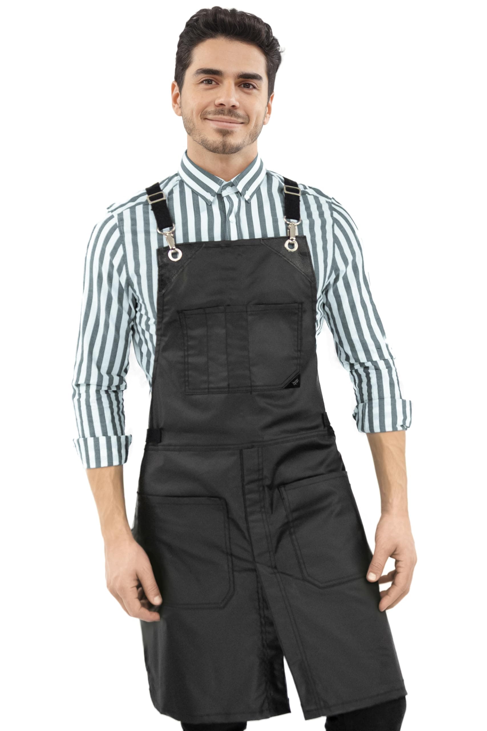 Cross-Back Black Apron – Chrome Hardware, Coated Twill, Leather Reinforcement, Split-Leg – Adjustable for Men, Women, Pro Barber, Tattoo, Hair Stylist, Barista, Bartender, Server Aprons