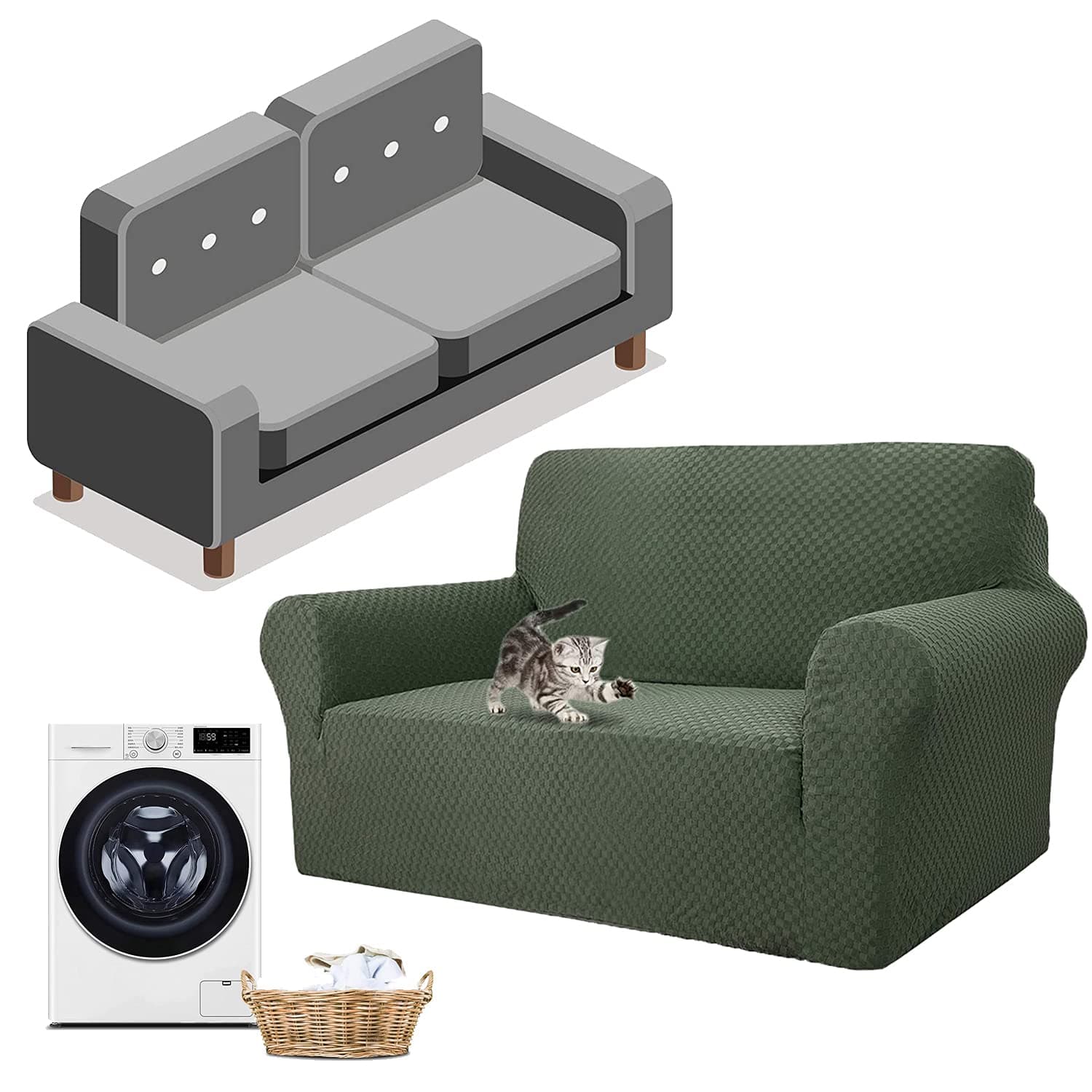 D&DNewest Jacquard Extra Large Sofa Covers for 3 or 4 Seater, Super Stretch Non Slip Couch Cover for Dogs Pet Friendly Sofa Slipcover Furniture Protector (2 Seater,Army Green)