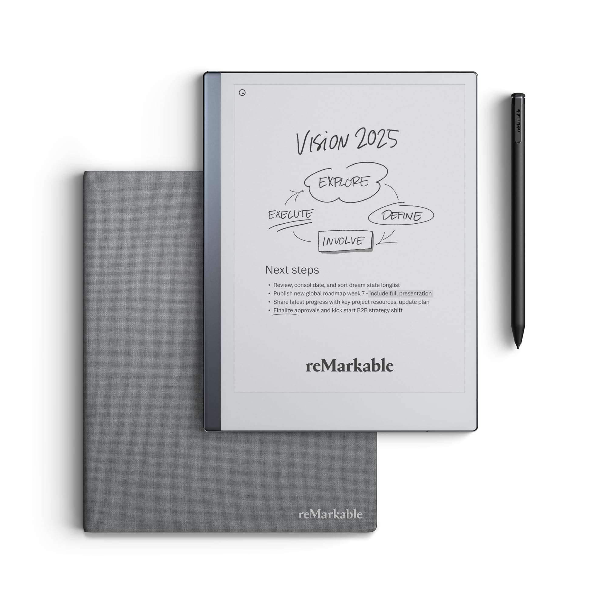 reMarkable Essentials Bundle – Gray | reMarkable 2 Paper Tablet | Includes Black and White 10.3” Writing Tablet, Marker Plus Pen with Eraser, Book Folio Cover in Gray Weave