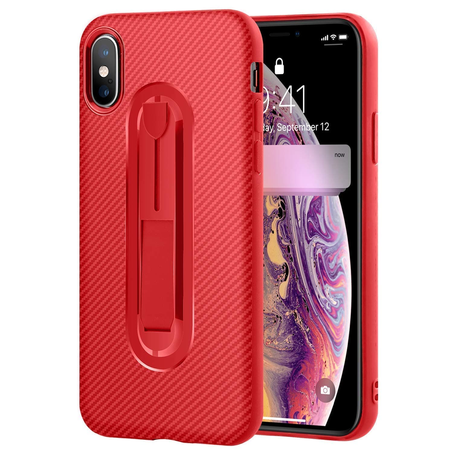 iPhone case iPhone Xs with Invisible Kickstand, Thin Phone Cover with Durable Soft TPU Compatible iPhone X/Xs 5.8 inch/Carbon Fiber (Red)