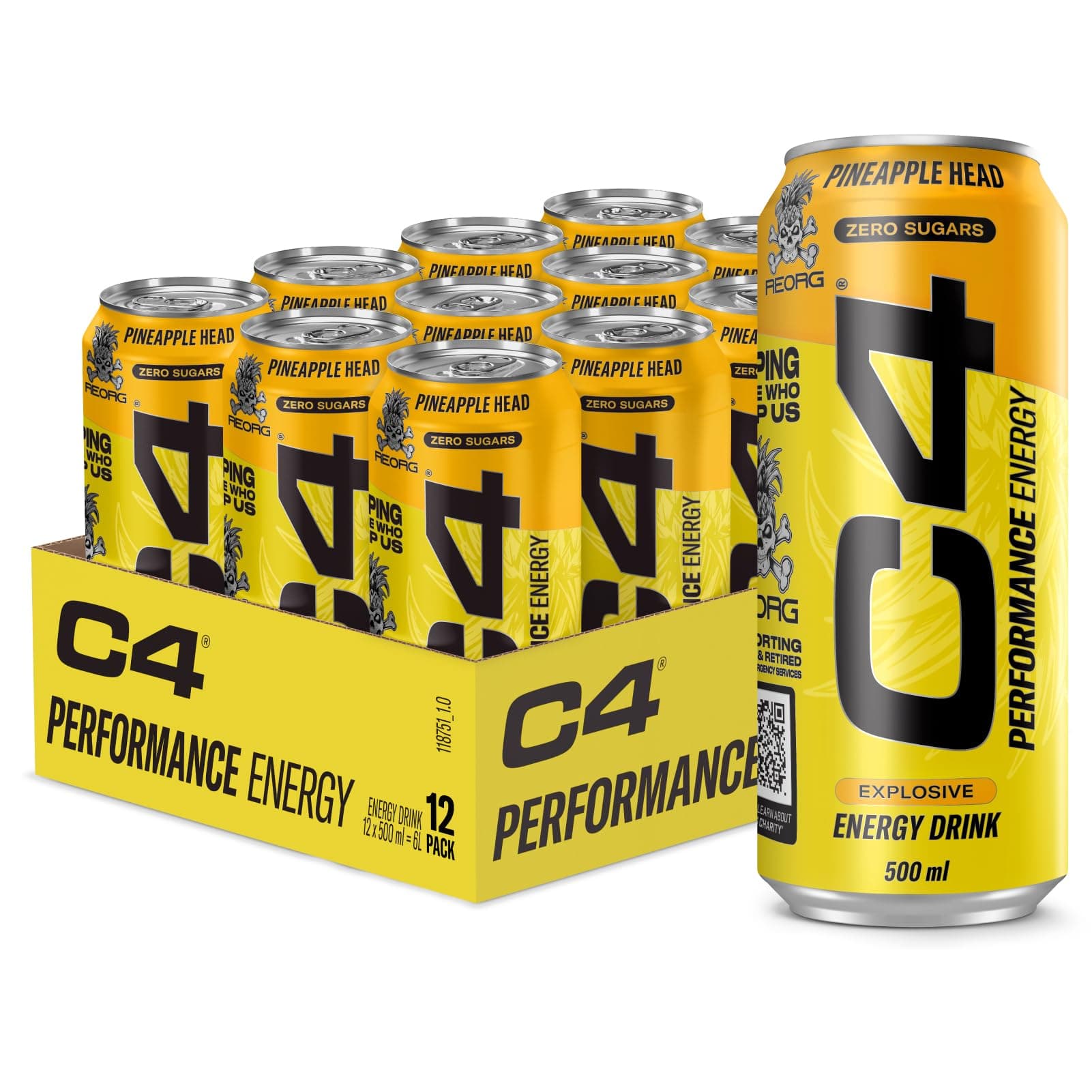 C4 Explosive Carbonated Energy Drink | Zero Sugar, Low Calorie Pre-Workout with 160mg Caffeine, Beta-Alanine & Taurine | Energy for Focus & Performance | Pineapple Head | 500ml Cans | Pack of 12