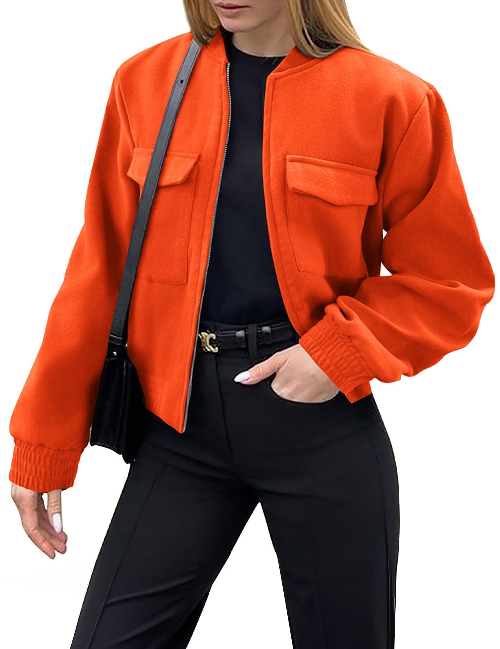 ZeagooWomens Cropped Jacket Stand Collar Long Sleeve Button Down Shackets Wool Blend Coats with Pockets