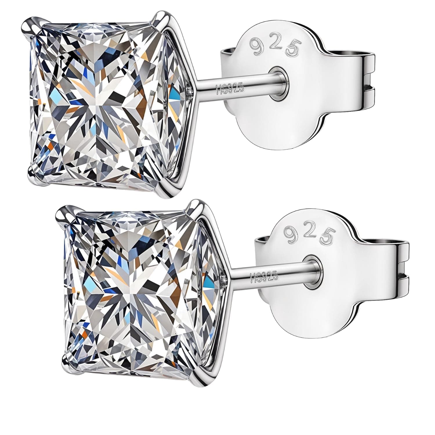 HIGHSPARK 925 Silver Square Solitaire Stud Earrings | 92.5 Sterling Silver & Square Brilliant Cubic Zirconia Tops for Men Women Boys & Girls