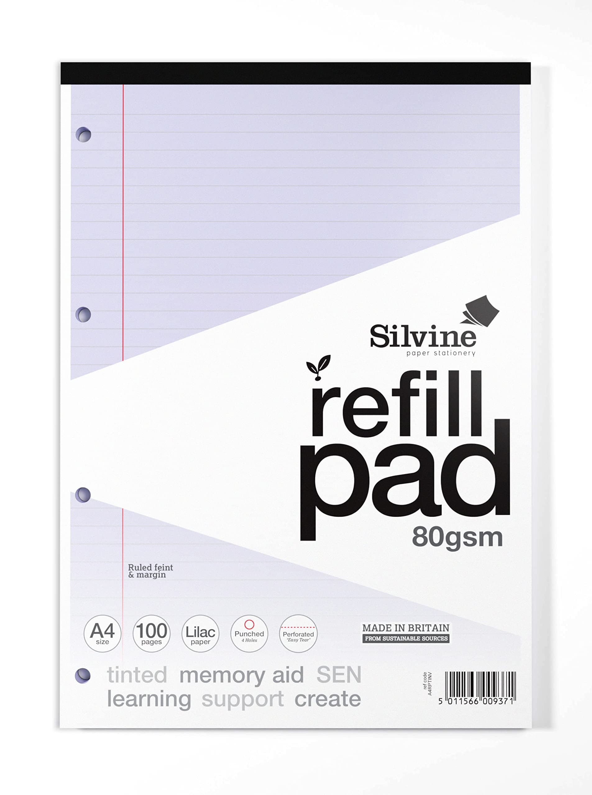 Silvine A4 Lilac Paper Dyslexia Refill Pad - Lined with Margin (100 Pages)