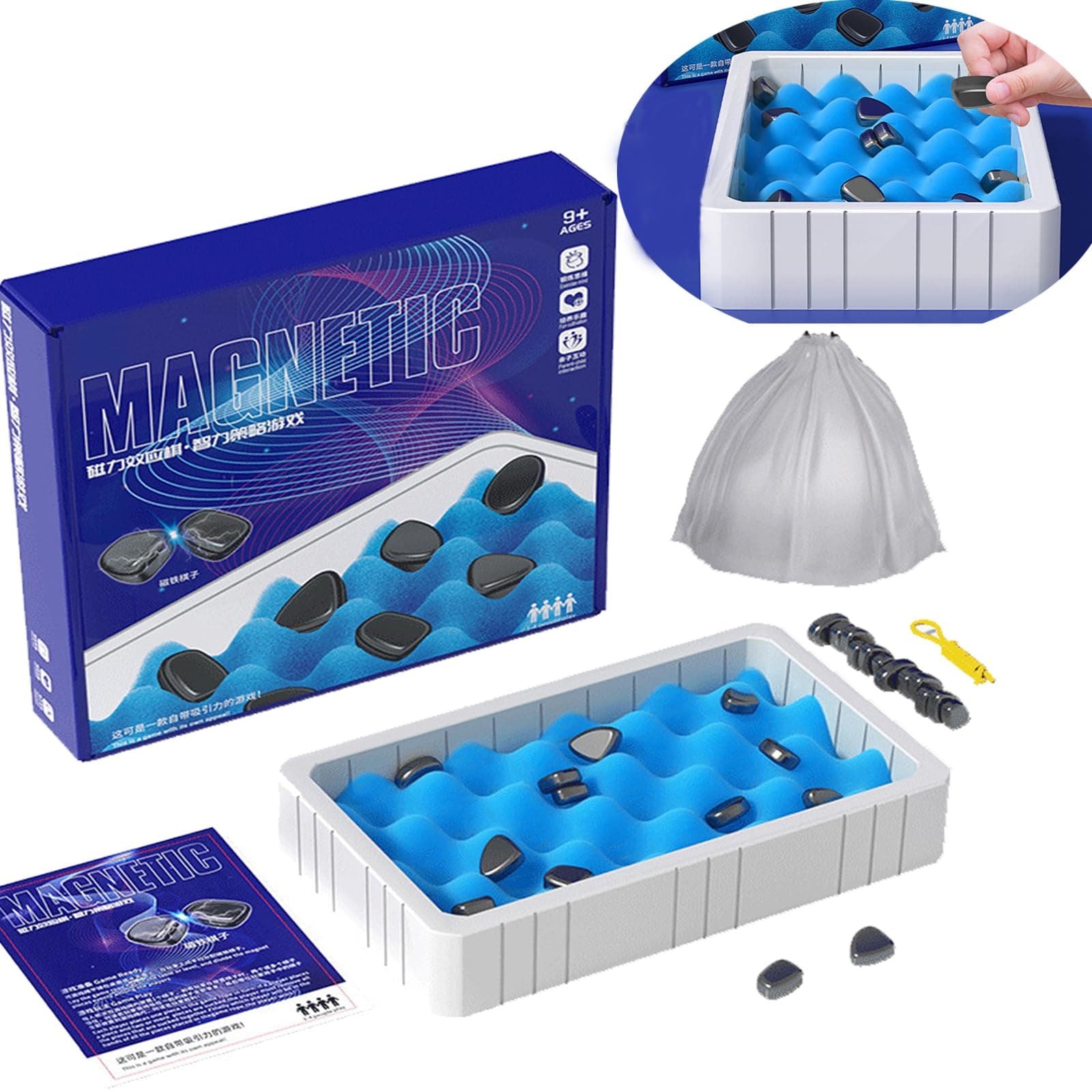 – Magnetic Chess Game, Multiplayer Magnet Game Set with 20 Rocks, String and Sponge Board, Magnetic Chess Game with Stones, Fun Tabletop Family Strategy Board Game