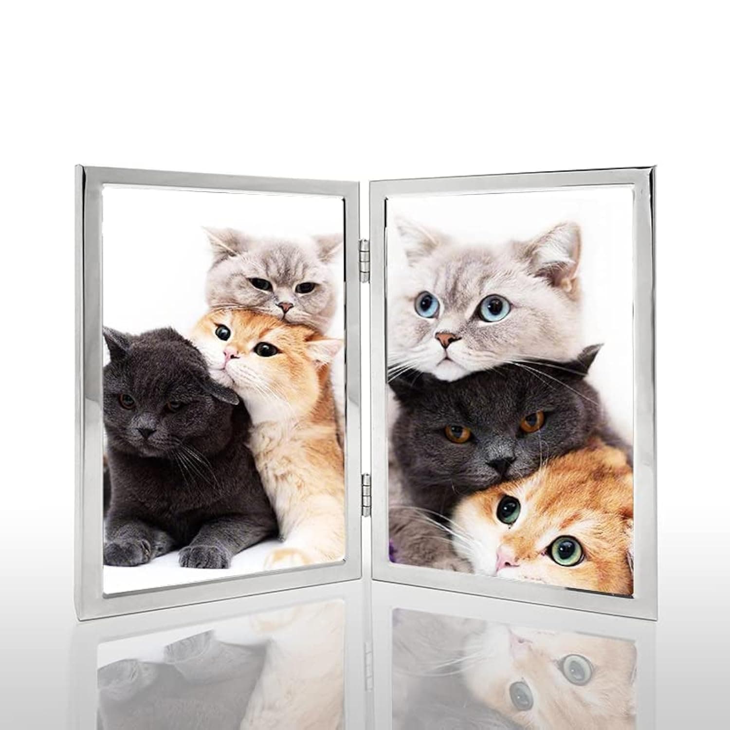 5x7 Picture Frame Double Hinged Silver Metal Thin Edge Frame with High Definition Glass Front Folding Frames Stand Vertically on Tabletop,Silver
