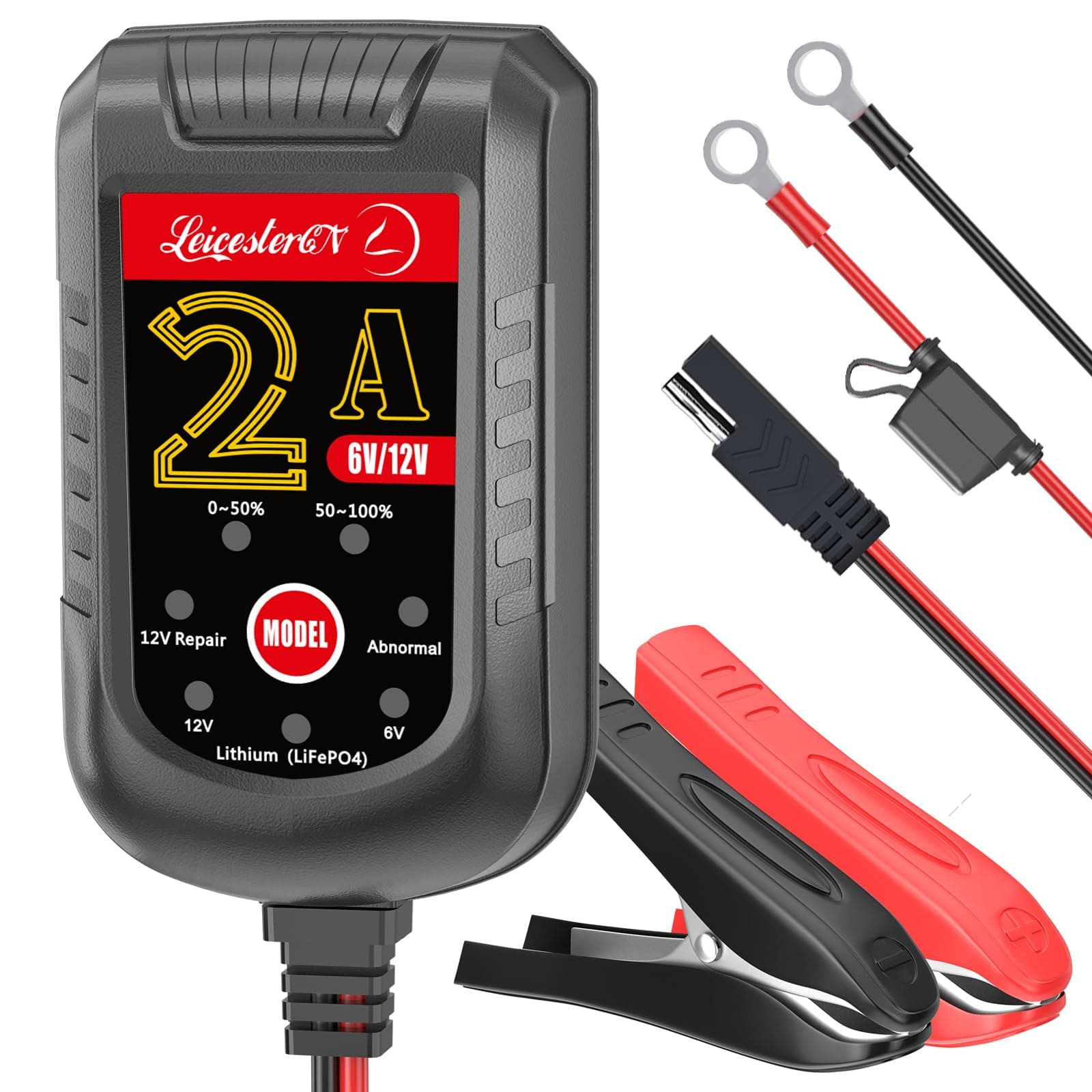 Battery Charger 2A 6V 12V - Trickle Charger and Maintainer with Pulse Repair, Automatic Float Charger for Car Motorcycle Boat Lawn Mower ATV RV, 10FT Long Cable, LiFePO4 Lithium AGM Gel Lead Acid