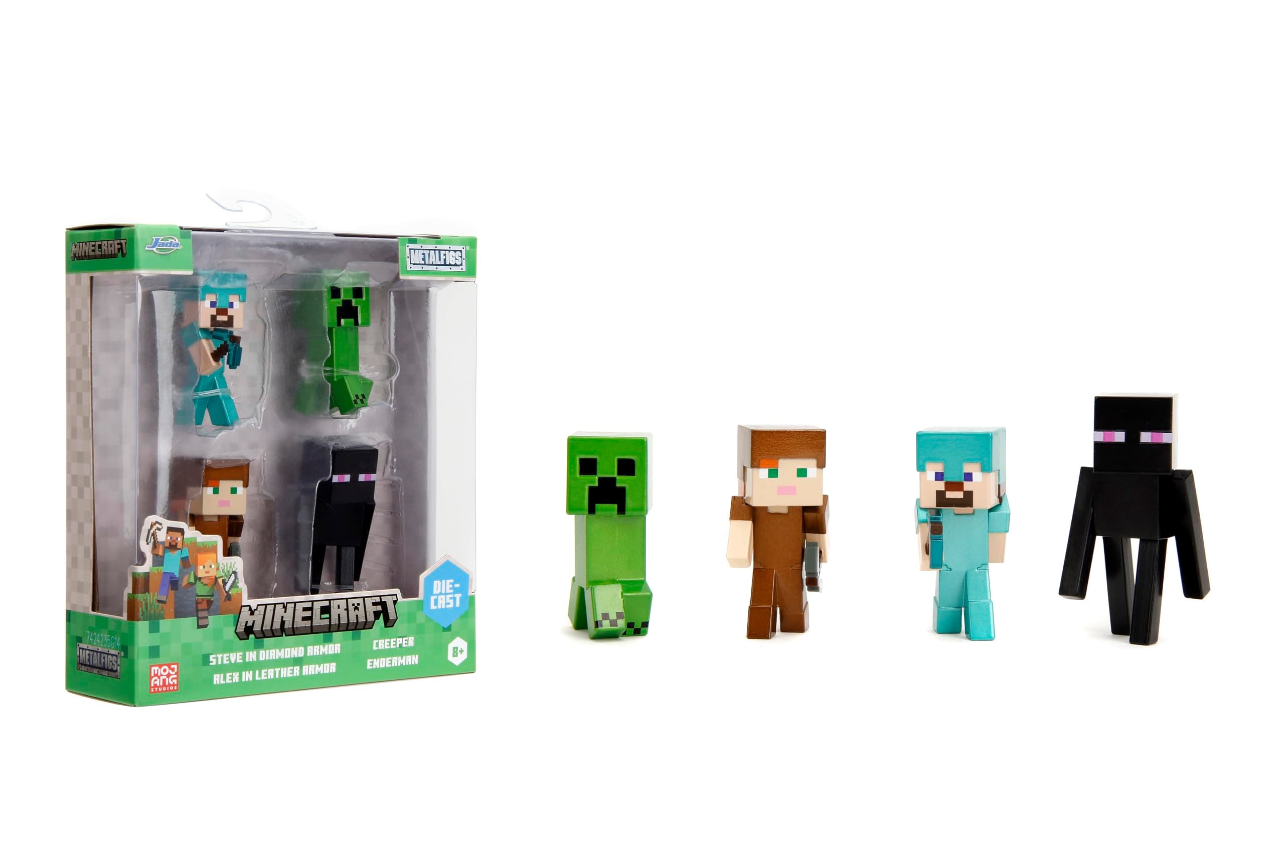 Jada Minecraft 2.5" MetalFigs 4-Pack - Includes Steve in Diamond Armor, Alex in Leather Armor, Enderman & Creeper