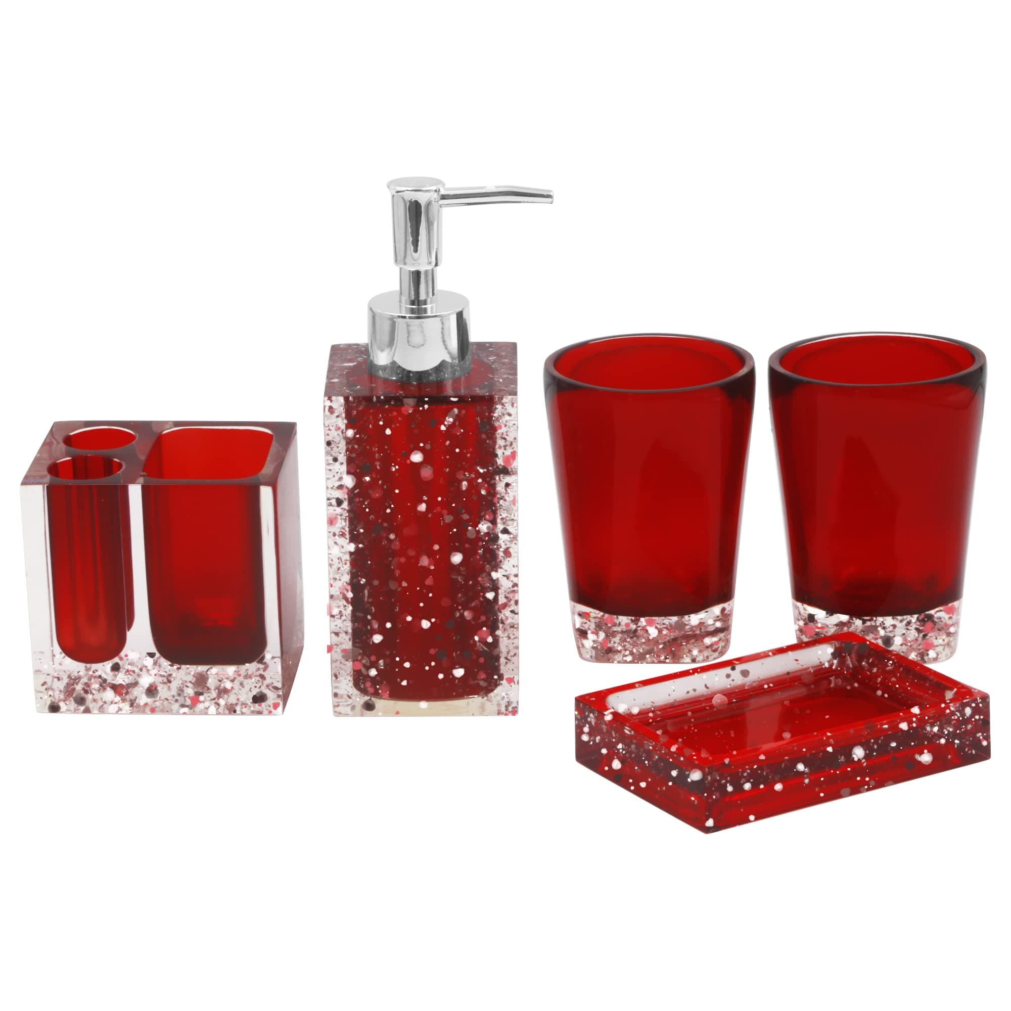 LUANT Generic 5-Piece Resin Bathroom Accessory Set with Soap Dish, Dispenser, Toothbrush Holder and Tumbler, Red