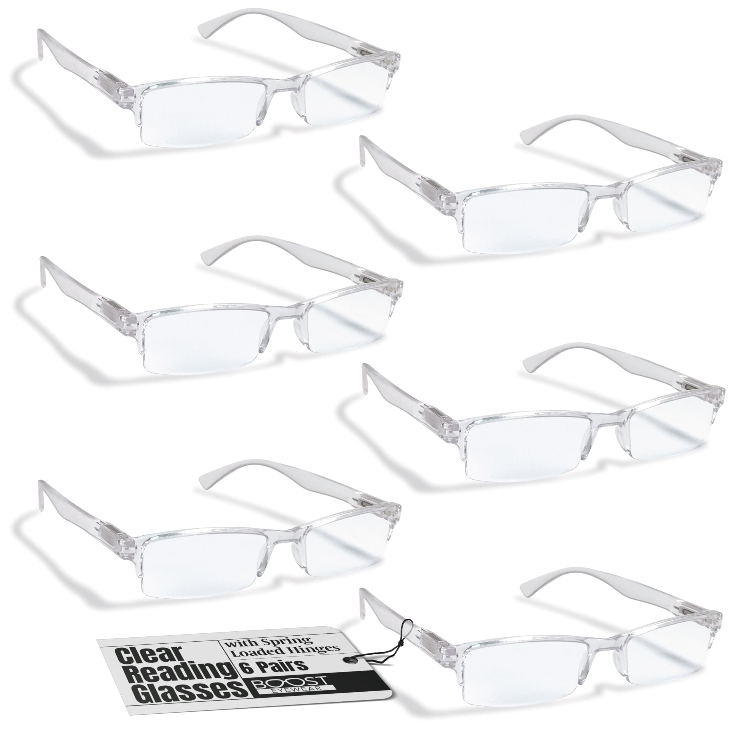 Boost Eyewear 6 Pack Reading Glasses, Clear Half Rim Frames, for Men and Women, with Comfort Spring Loaded Hinges, Clear, 6 Pairs (+1.50)