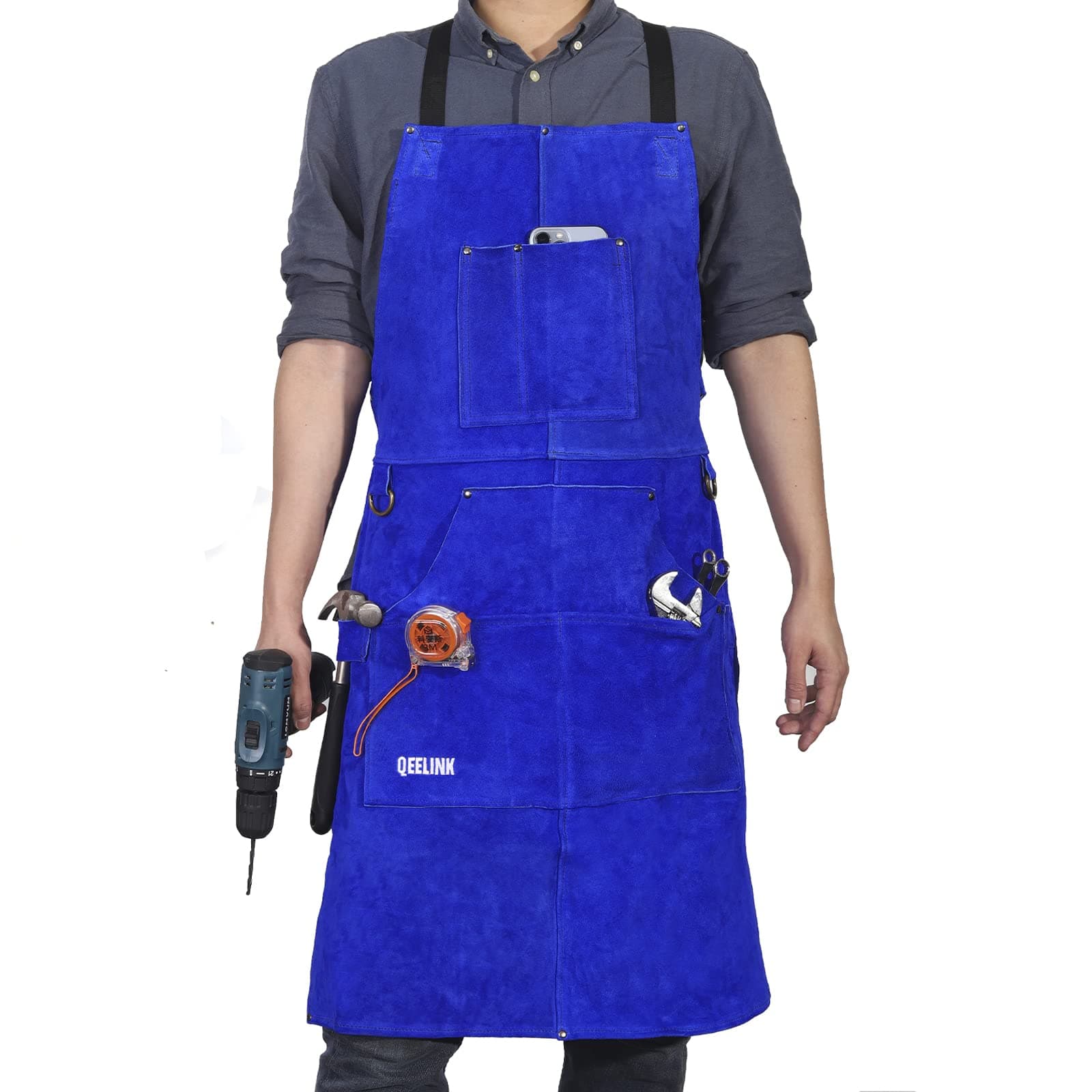 Leather Welding Work Apron with 6 Tool Pockets, Heat & Flame Resistant Welder Aprons, 24" x 36", Adjustable M to XXXL