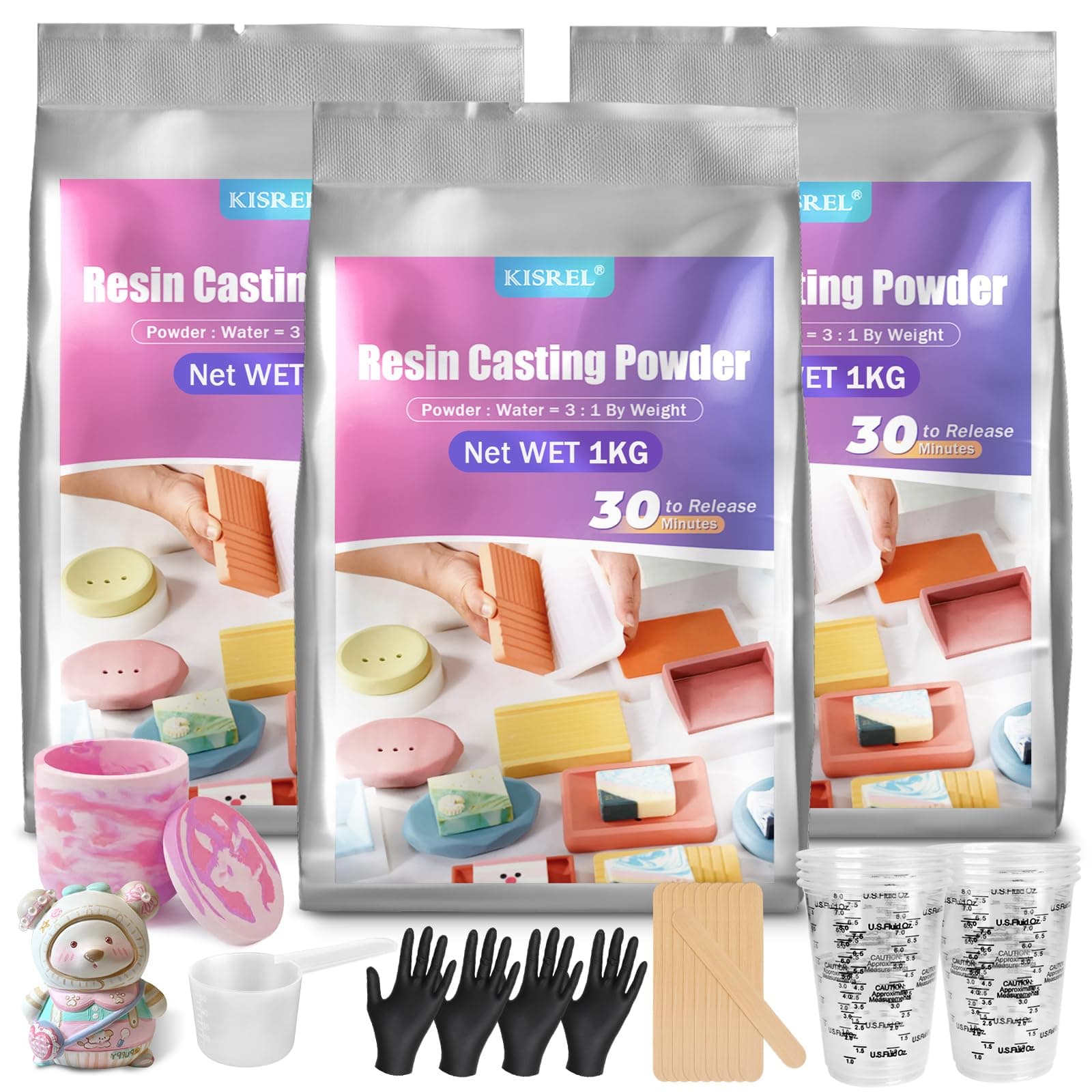 Resin Casting Powder 3000g, Fast Curing Casting Resin Kit for Beginners, 20~30 Minutes Demold, Water Activated Plaster Powder for Craft Casting, Easy Mixing and Self Leveling