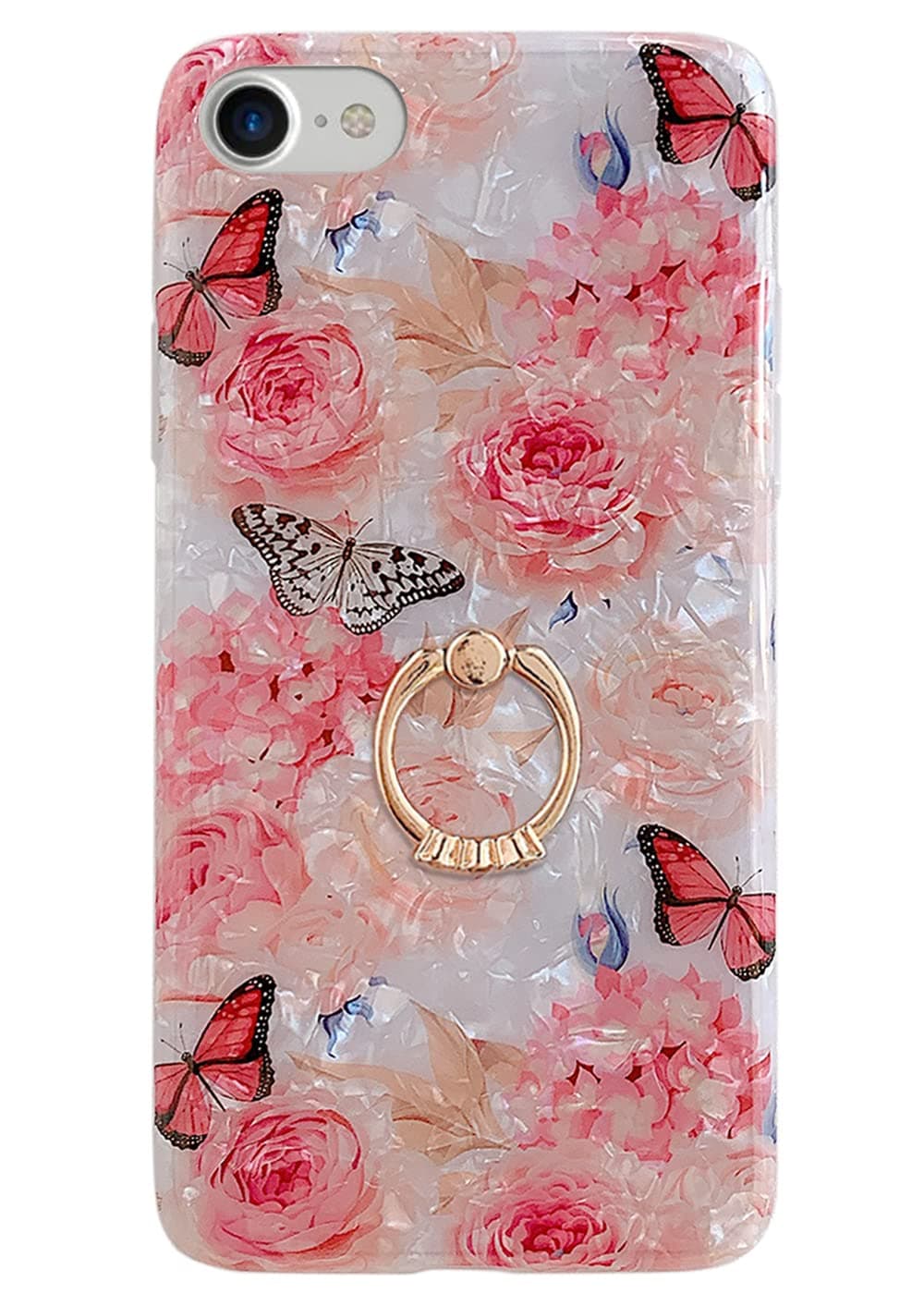 QokeyCompatible with iPhone SE Case 2022/2020,iPhone 8/ 7 Case 4.7 inch Flower Cute Fashion Cover for Women Girl 360 Degree Rotating Ring Kickstand Soft TPU Shockproof Rose Butterfly