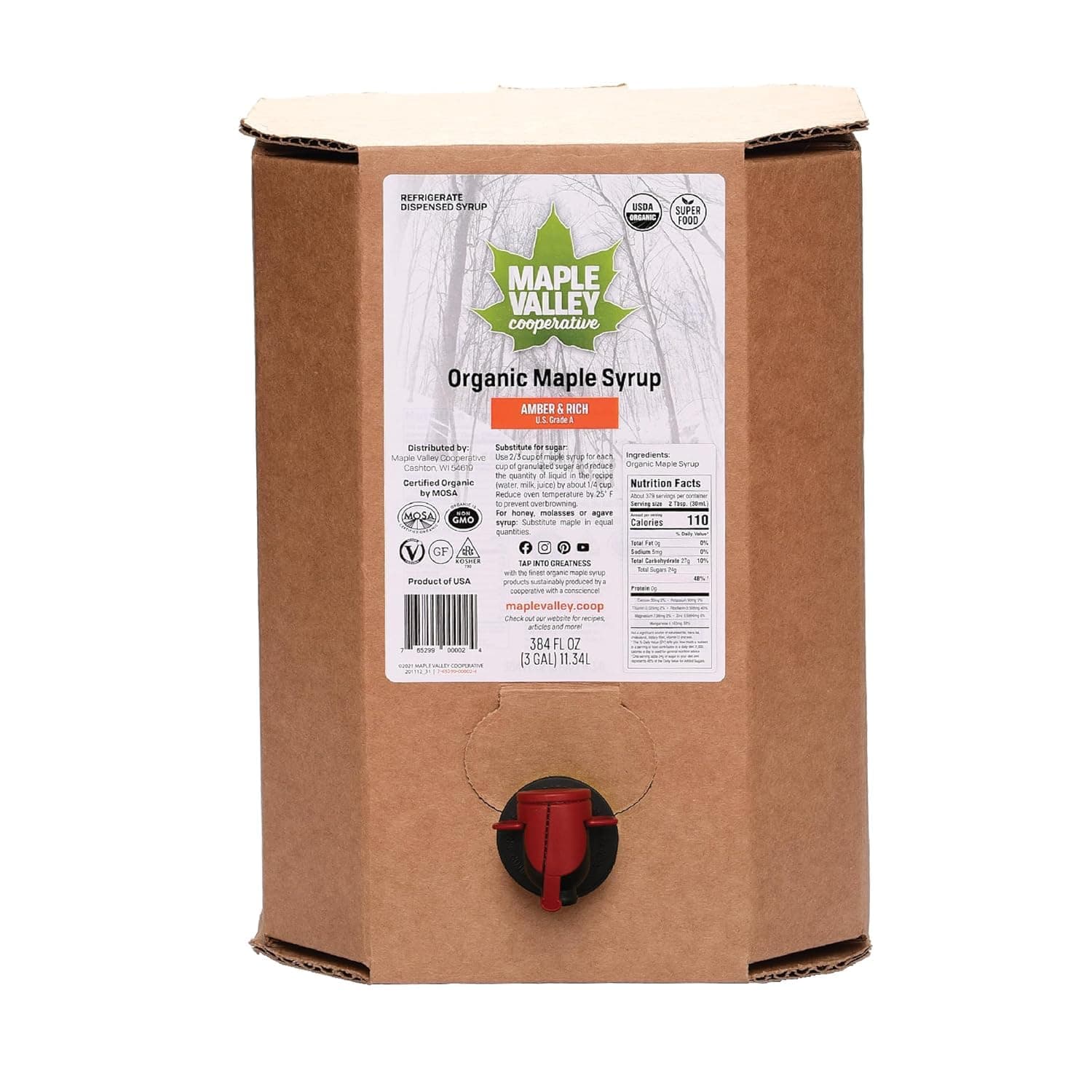 Maple Valley Organic Pure Maple Syrup, Amber & Light Better Than Pancake Syrup, Use for Coffee or All-Natural Sugar Substitute in Cooking and Baking (3 Gallon Bag in Box)