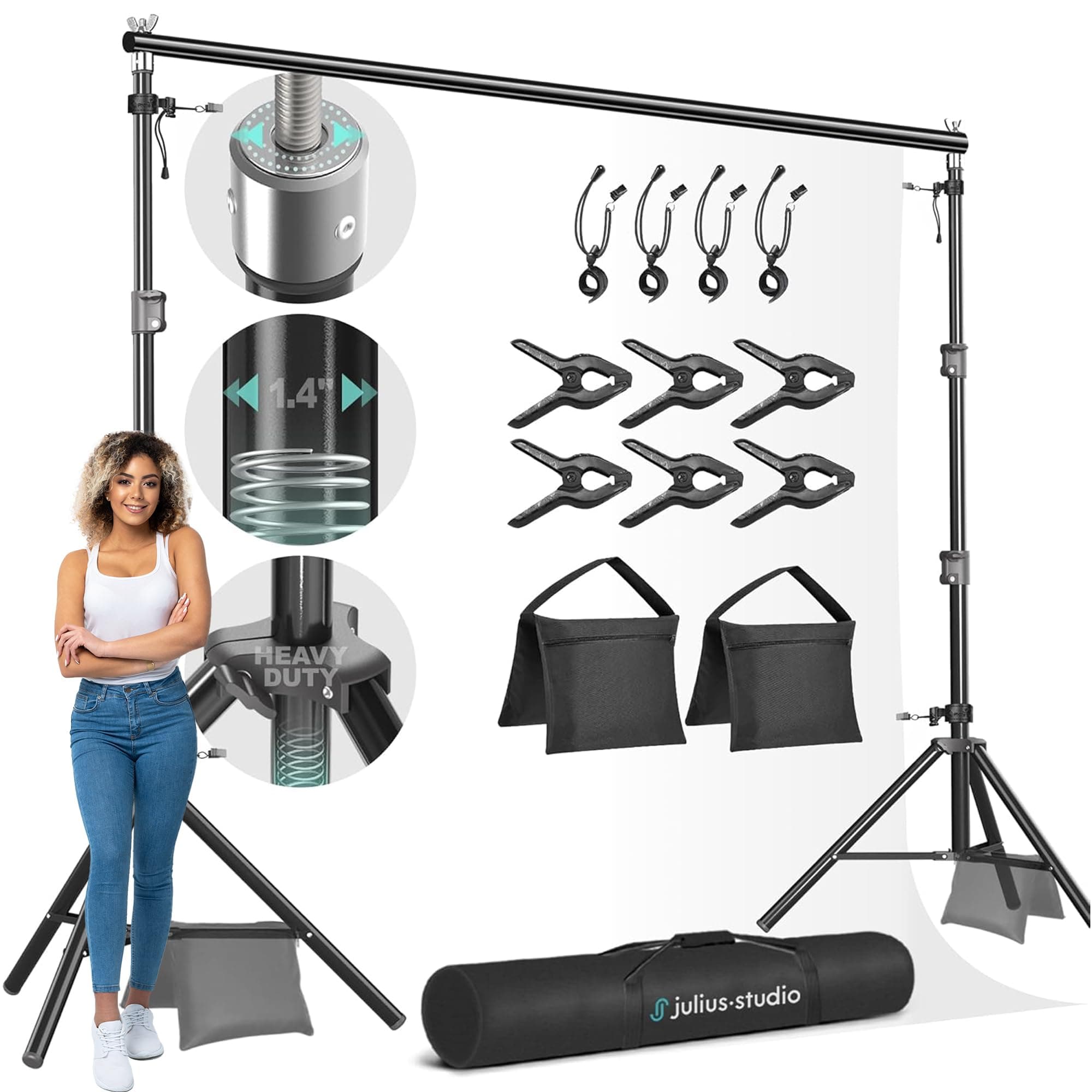 Julius Studio [Enhanced Heavy Duty] 10.1 x 8 ft. (W x H) Adjustable Backdrop Stand Background Support, Strong Frame No Shaking, Shock-Proof Spring, Heavy Joints, Anti-Slip Rubber Shoes, JSAG283