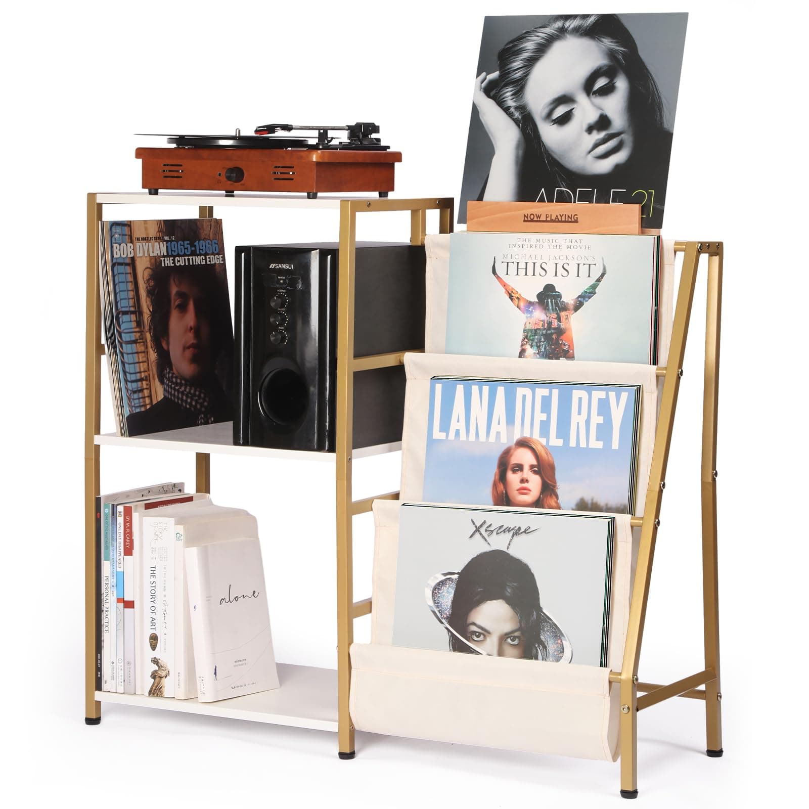 Stand for Record Player, 3 Tier Vinyl Record Storage with Now Playing Holder, Turntable Stand, Vinyl Display with Speaker Storage for Living Room, Gold White
