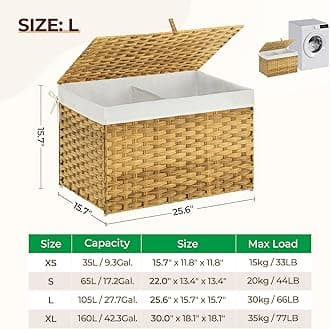 GREENSTELL Storage Basket with Lid, 27.7 Gallon(105L) Lagre Wicker Blanket Storage Basket with Handles, Foldable, 2 Removable Liner Bags, Metal Frame, for Bedroom, Laundry Room, Natural