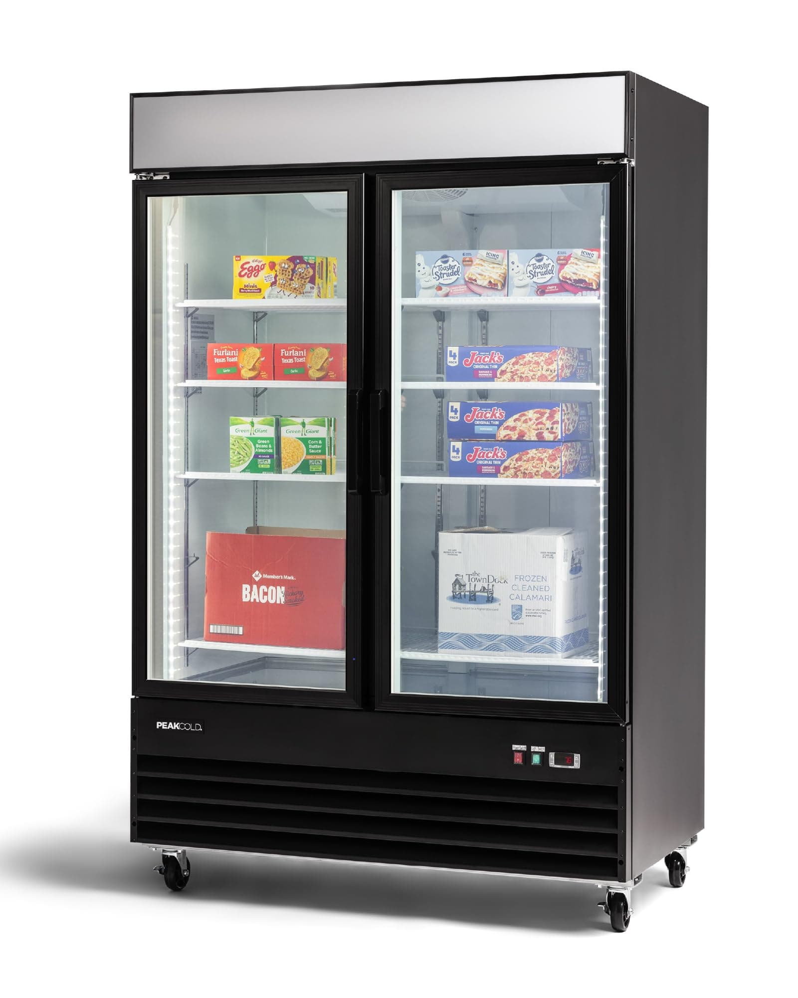 PeakCold 2-Door Upright Display Freezer - 45 Cubic Ft, 53.1" Wide, Double-Paned & Heated Glass Door Freezer with Auto-Defrost, LED Lighting & Customizable Lightbox - Commercial Merchandiser