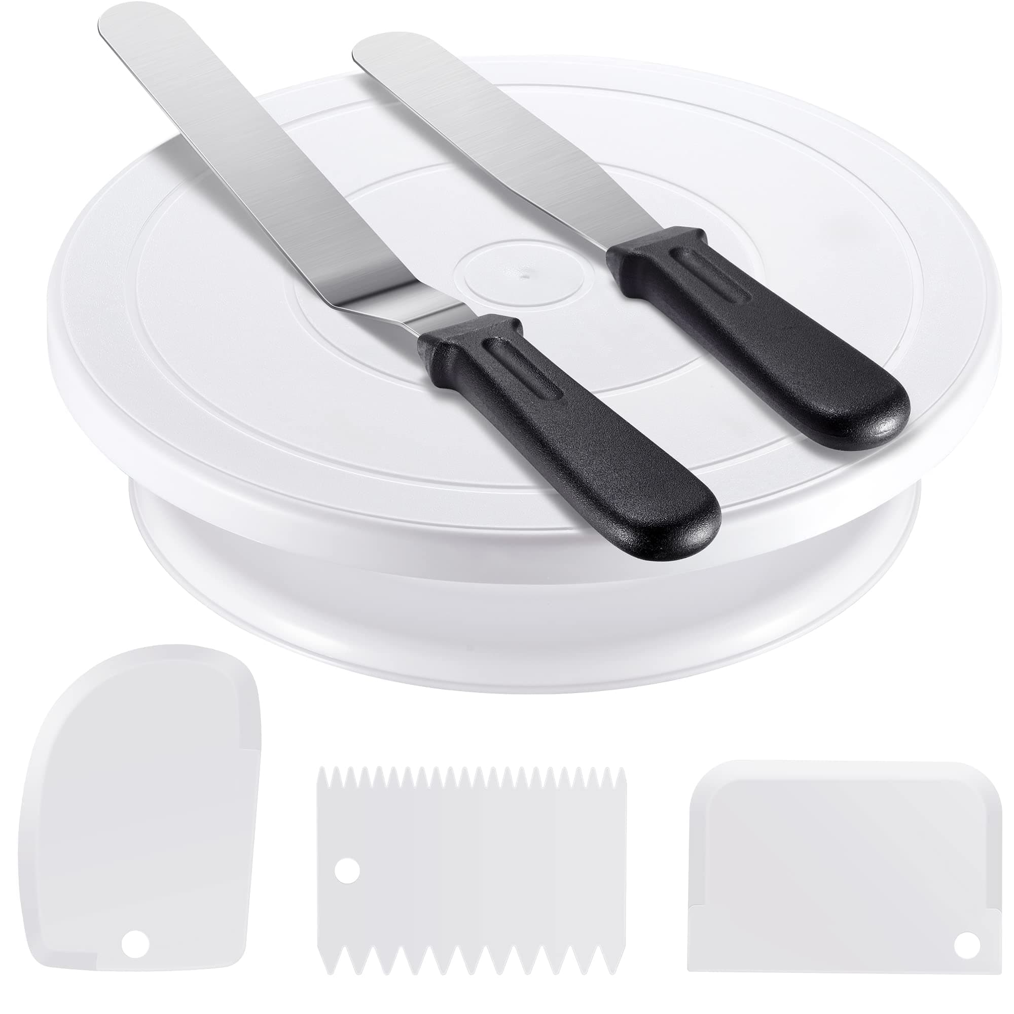Cake Decorating Kit Baking Supplies Set Cake Turntable with 2 Frosting Straight Angled Spatula 3 Icing Smoother Scrapers Baking Accessories Tools for Beginners and Pros, White