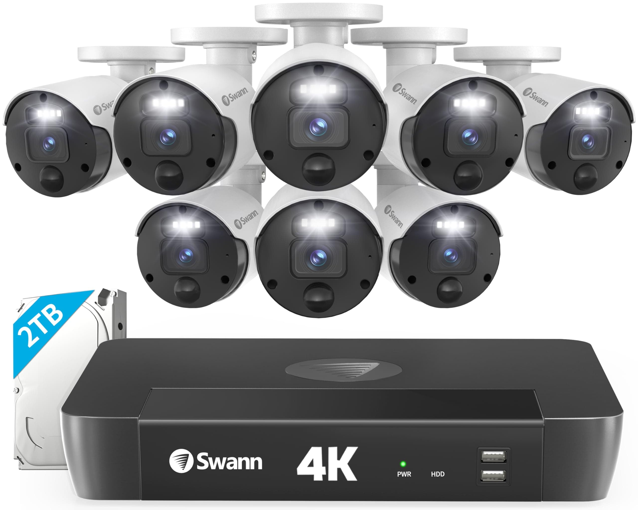 Swann Home Security Camera System with 2TB HDD, 8 Channel 8 Cam, POE Cat5e NVR 4K HD Video, Indoor or Outdoor Wired Surveillance CCTV, Color Night Vision, Heat Motion Detection, LED Light, 876808