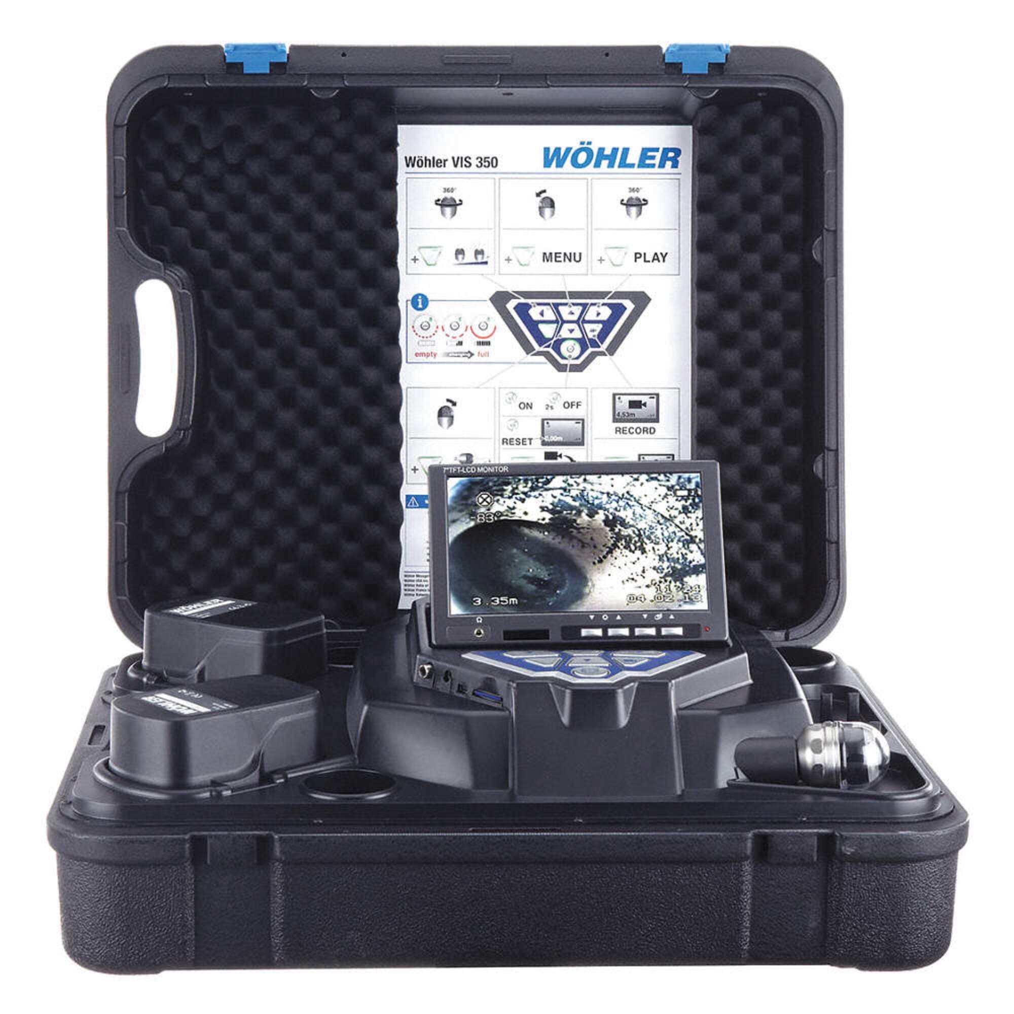 8931 VIS350 Plus Visual Inspection Camera System with 180° Pan/360° Tilt ,1 1/2" Detachable camera head with transmitter, 1" camera head with transmitter, SD Card and mini USB cable, and L200 locator