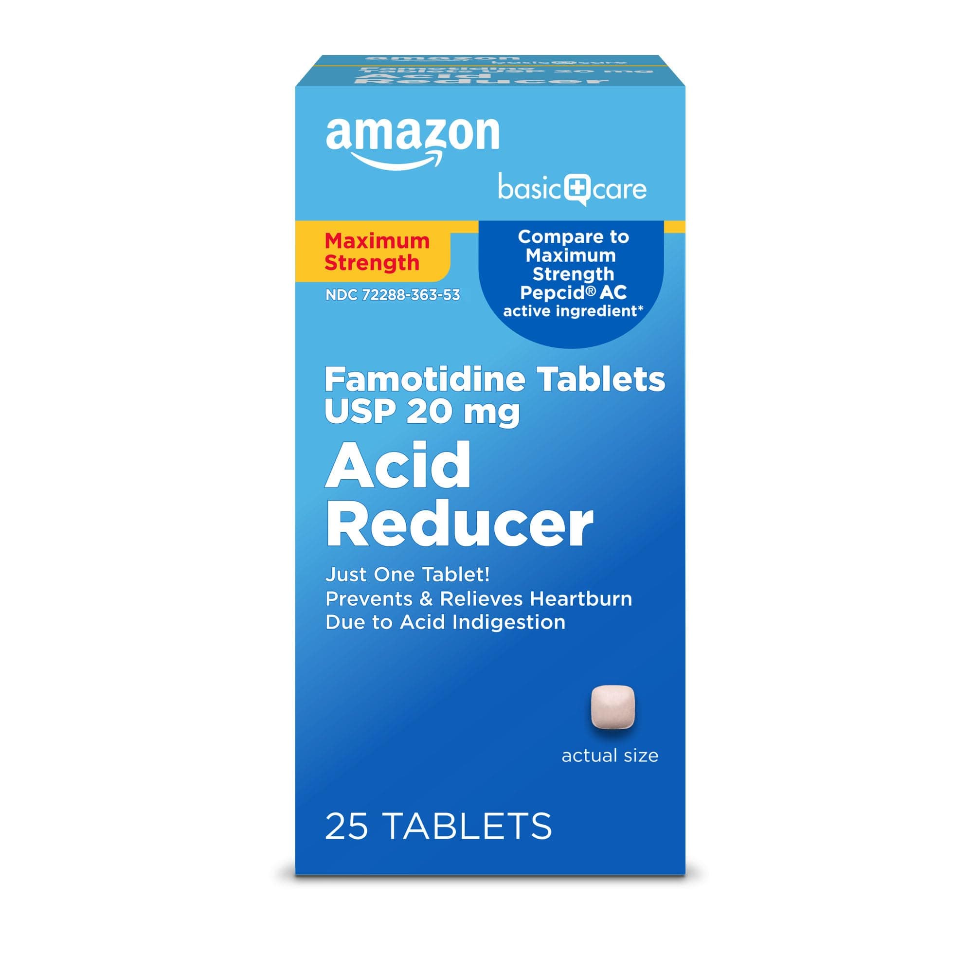 Amazon Basic Care Maximum Strength Famotidine Tablets 20 mg, Acid Reducer for Heartburn Relief, Heartburn Medicine, Acid Indigestion, Sour Stomach, 25 Count (Packaging may vary)
